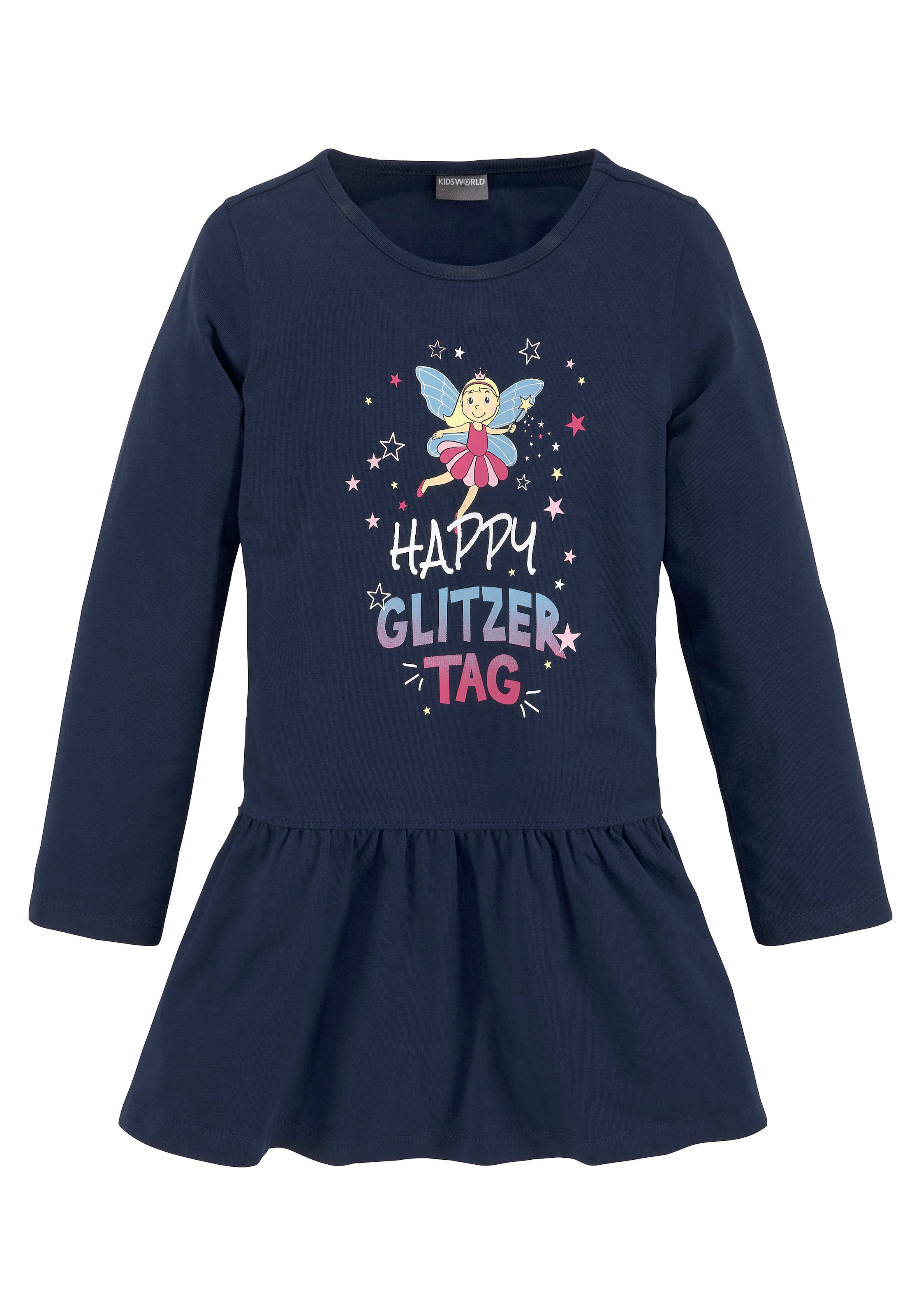 KIDSWORLD Jerseykleid Print bei glitzerndem OTTO kaufen »HAPPY TAG«, GLITZER mit