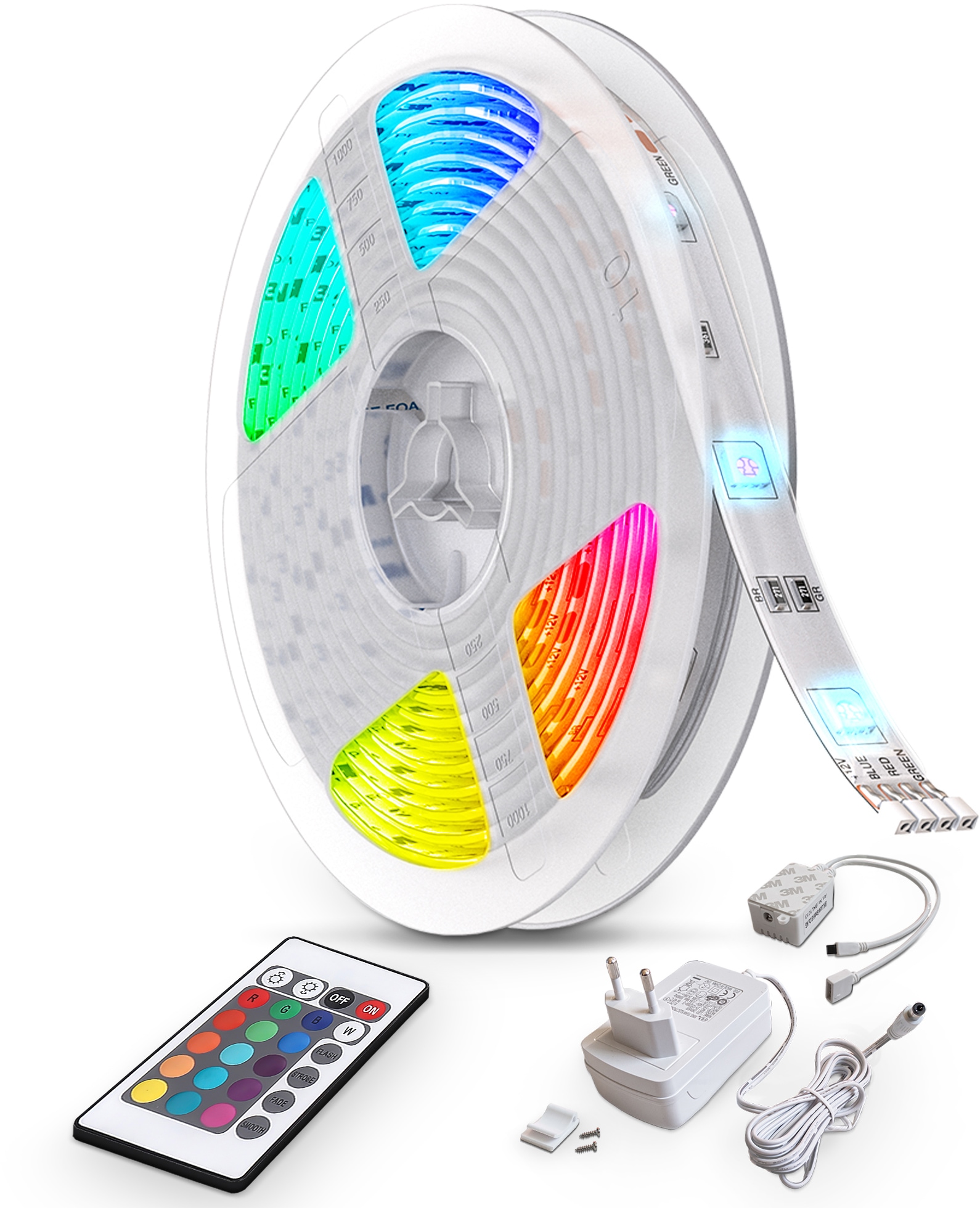 B.K.Licht LED Stripe, RGB-LED Band 10 Meter , inkl. 300 x RGB-LED je 0,08 Watt. Inkl. Fernbedienung, Farbwechsler. Zuleitung 1,5 Meter, universell kürzbar