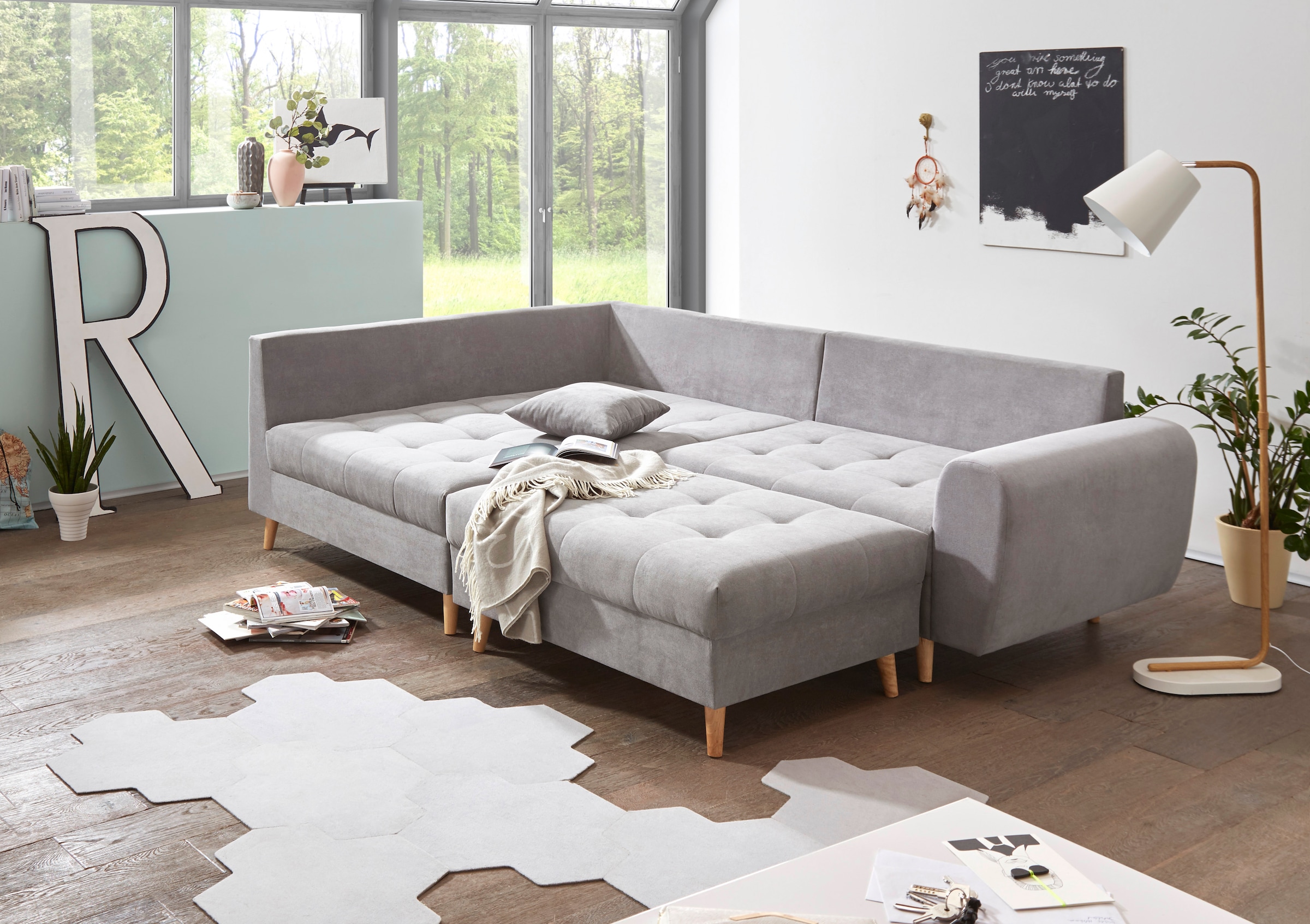 ED EXCITING DESIGN Ecksofa »Alice L-Form«, (Set), mit Hocker, Rückenkissen, Zierkissen, frei im Raum stellbar