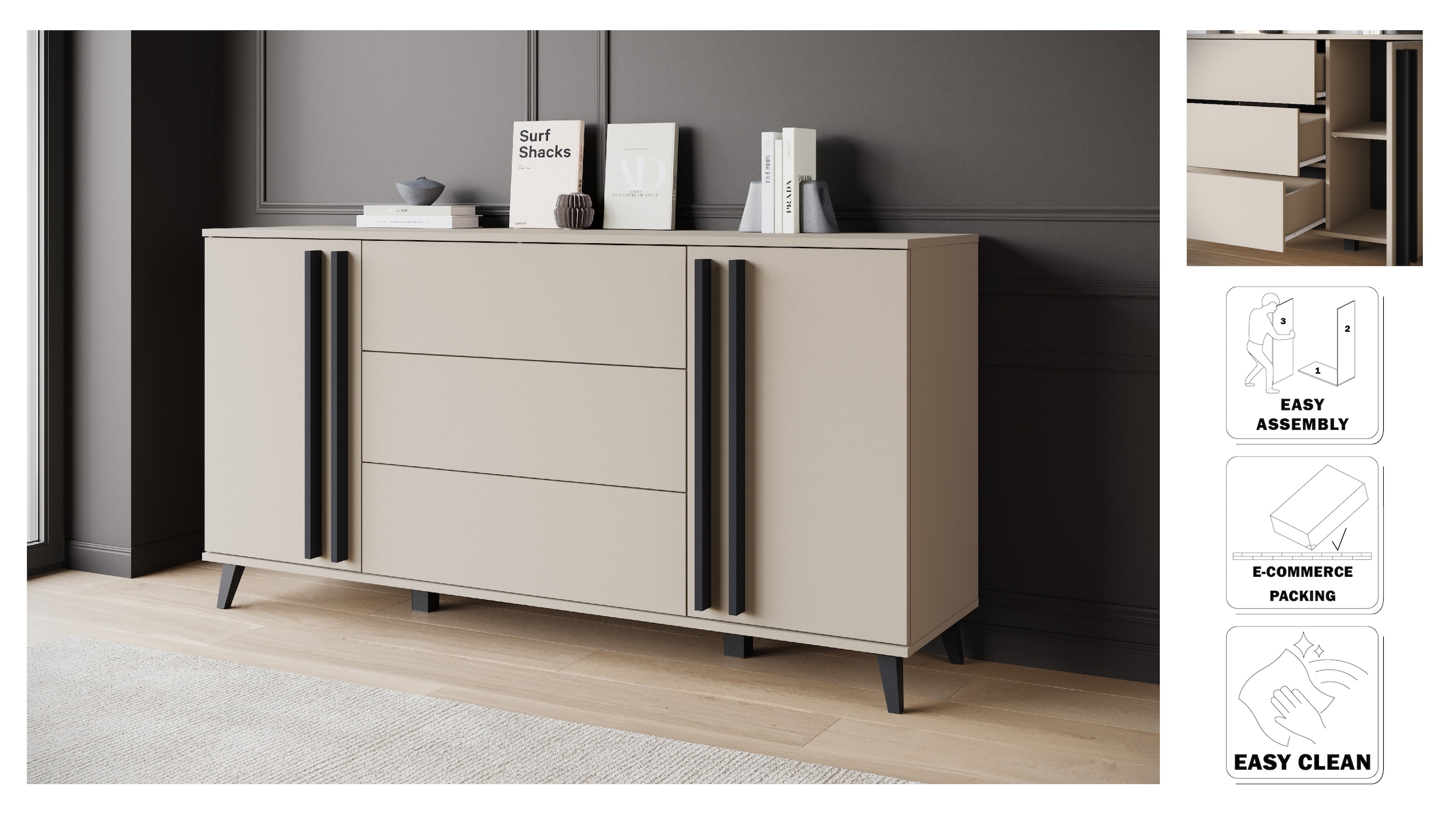 INOSIGN Sideboard »Helsinki, Kommode mit 2 Türen und 3 Schubladen, Breite 150 cm«, (1 St.), Push-to-Open-Schubladen, höhenverstellbare Einlegeböden