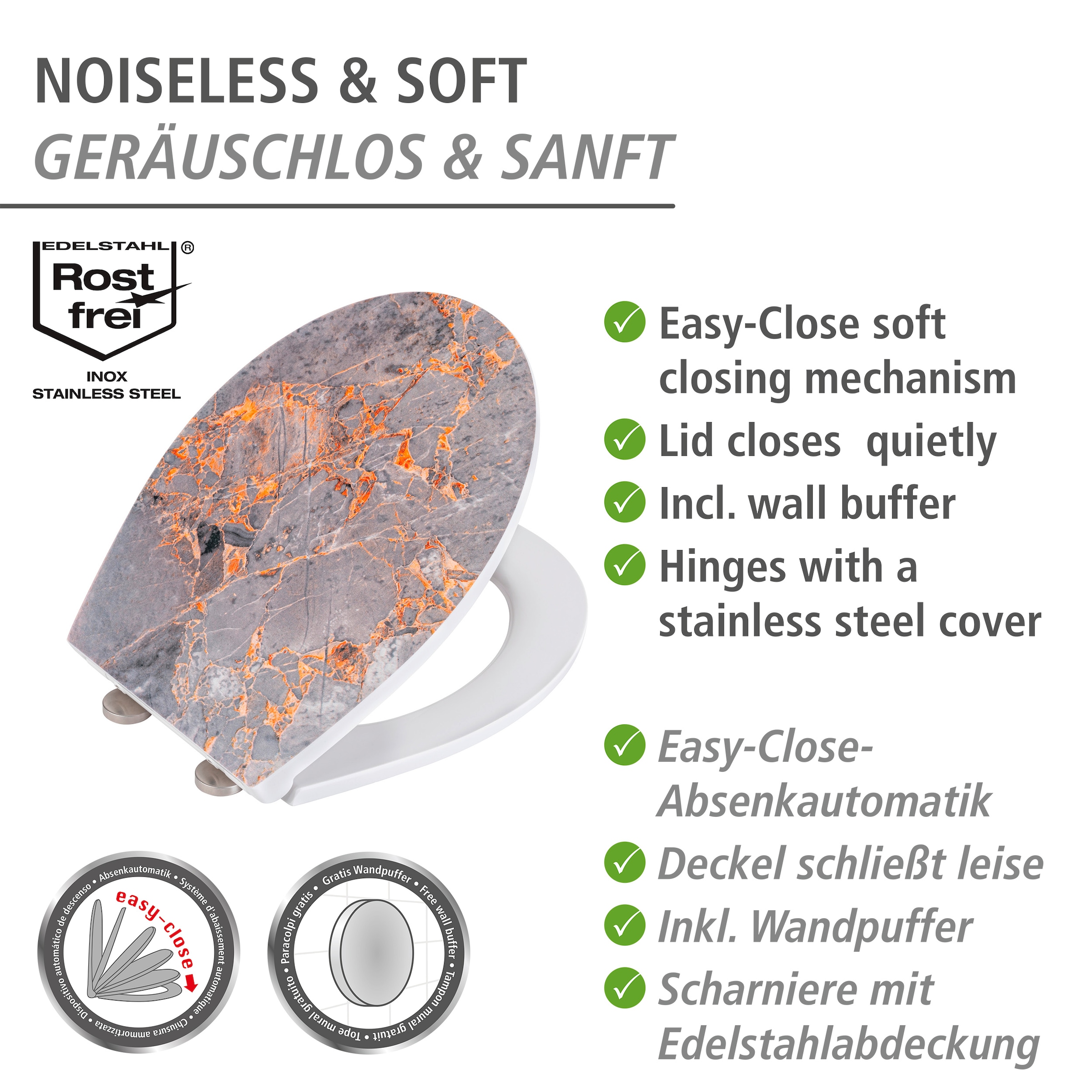 WENKO WC-Sitz »Grey Marble«, mit Relief, aus antibakteriellem Duroplast
