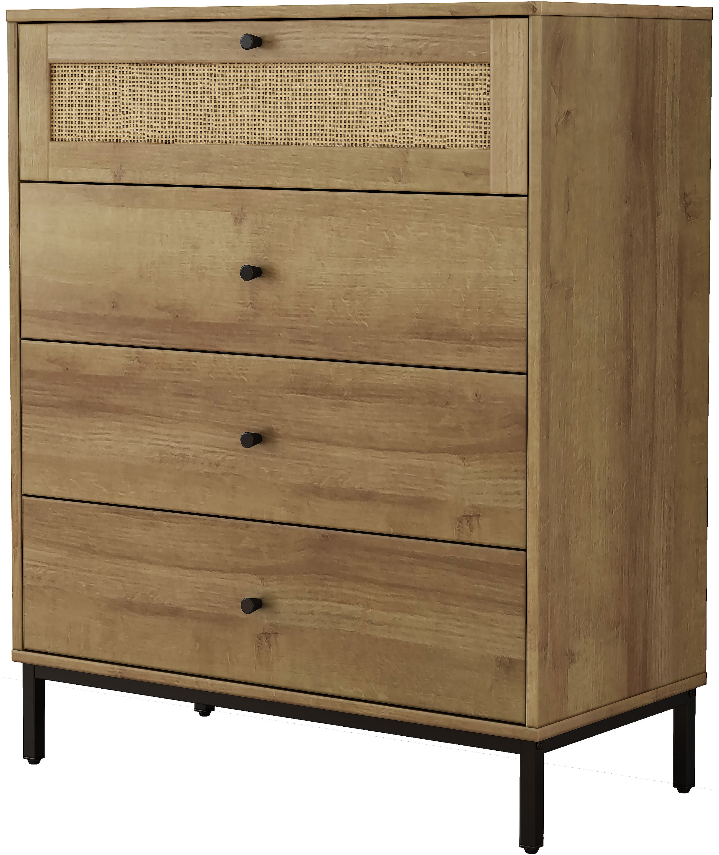 OTTO home Kombikommode »Motala Sideboard Wäscheschrank im BOHO Design Bestseller Kommode« Eichen-Design mit Geflecht Schublade und schwarzen Griffen,  Schrank Schlafzimmer mit 4 Schubladen hochwertig