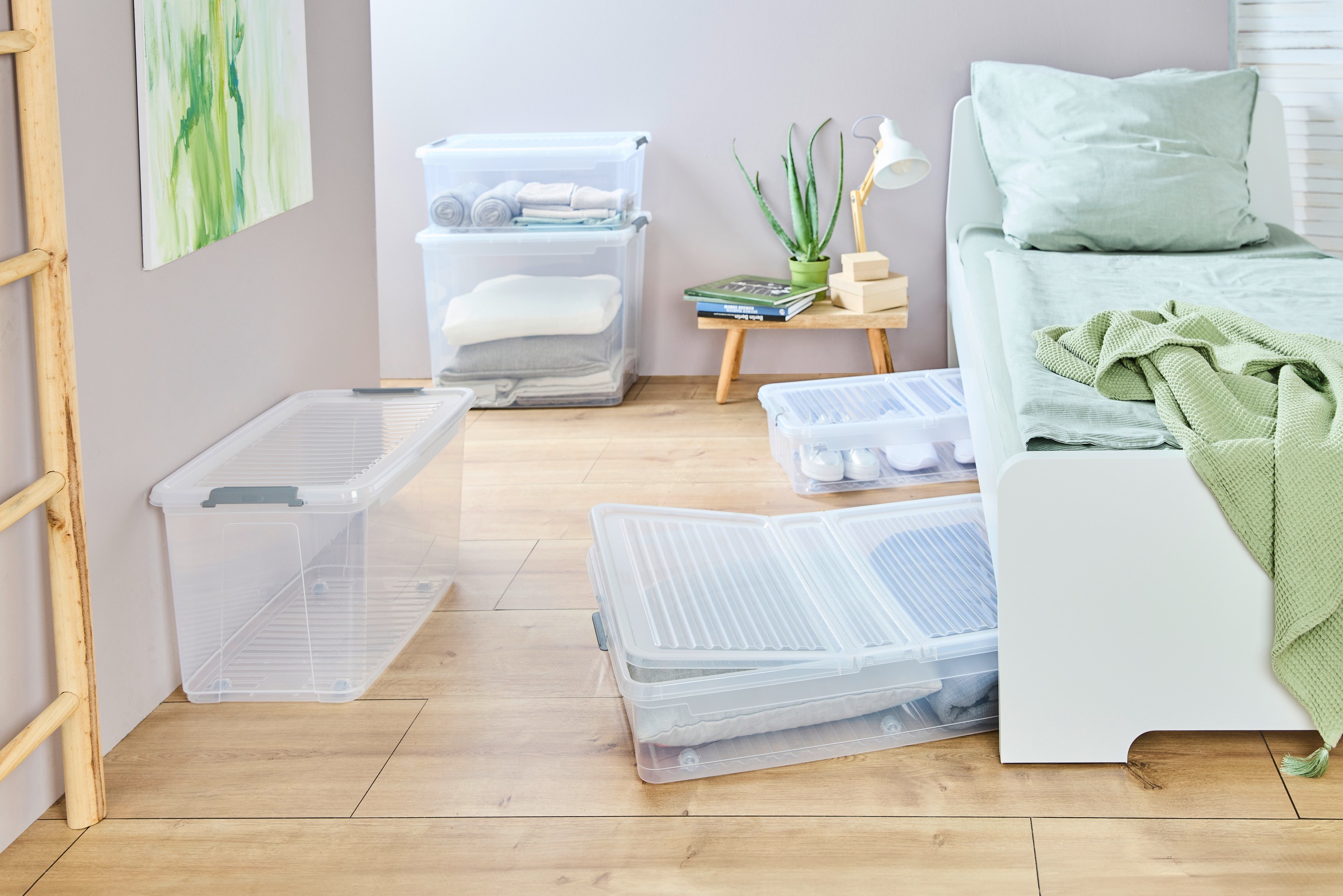 keeeper Aufbewahrungsbox »Clipbox Leo (Set 4 St.) 56 L, 59 x 38 x 35,5 cm« Schanierclips, Doppelöffnung, 90° drehbare Räder, fixierbarer Deckel