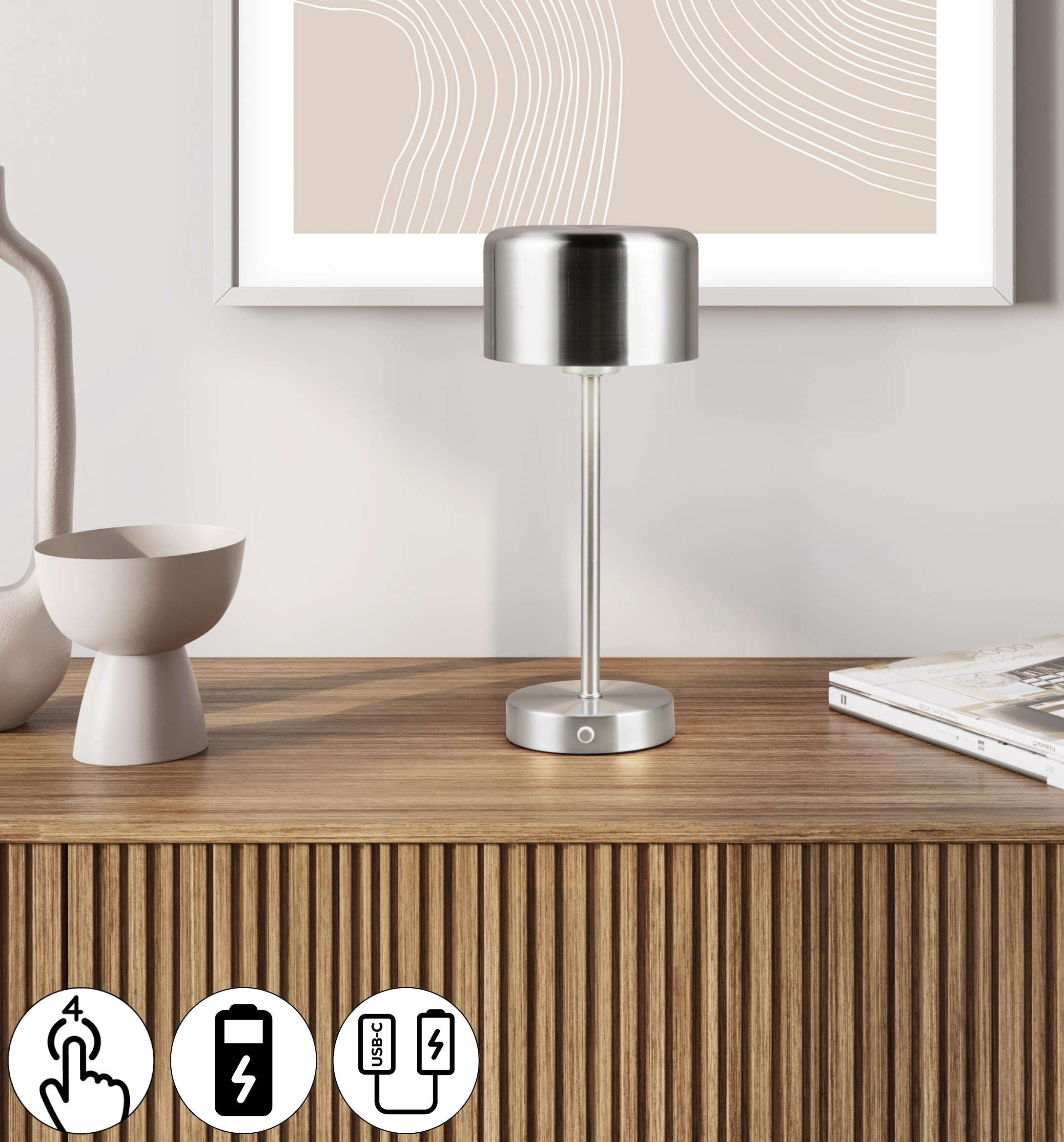 Leonique LED Tischleuchte »Kadira«, 1 flammig, Leuchtmittel LED-Board | LED fest integriert, Akku Tischlampe mit USB-C Anschluss, Touchdimmer 4 Stufen, Höhe 30cm