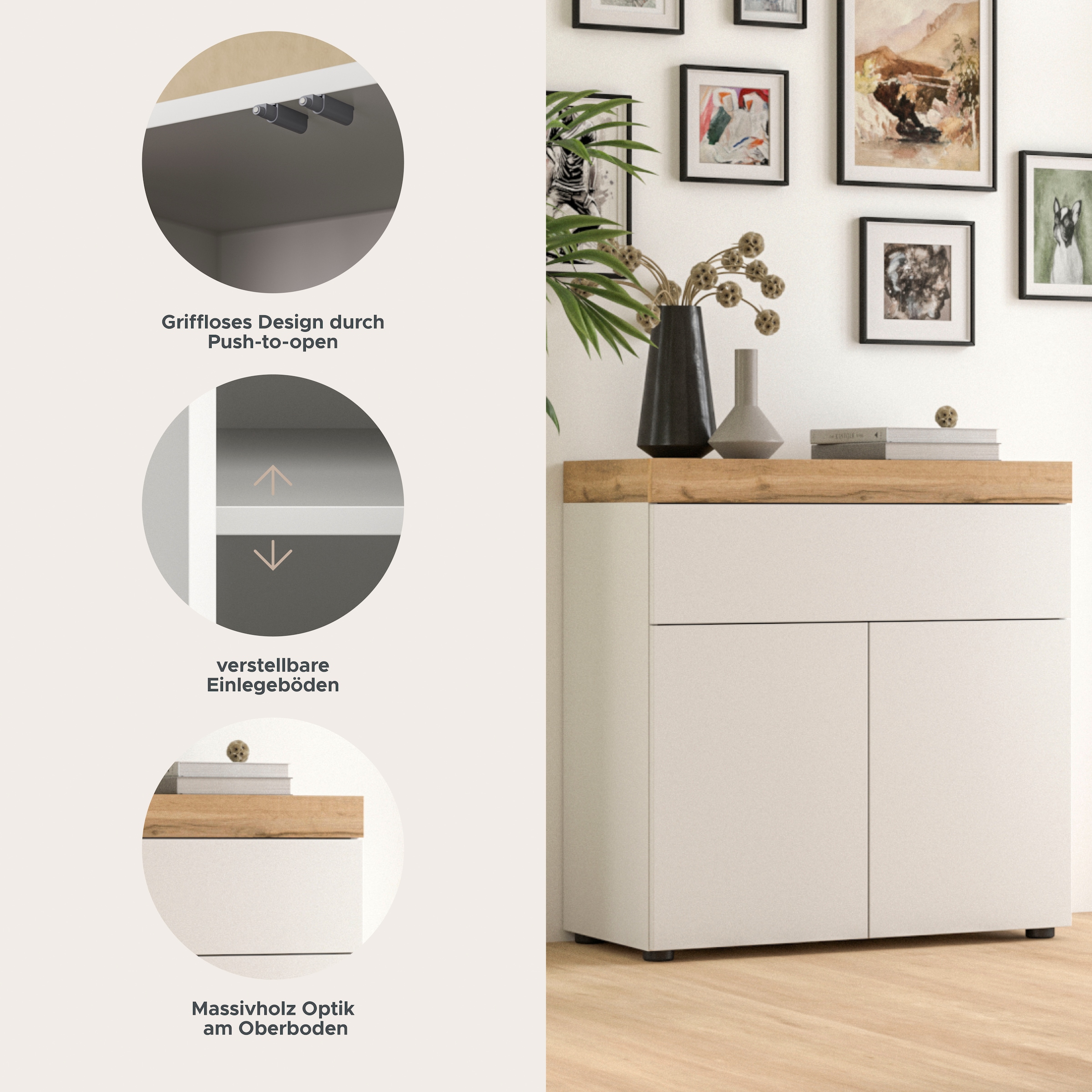 OTTO home Kommode »MAMBO, Breite 77cm, 2 Türen, 1 Schubkasten, push-2-open« 2 farbige Ausführung, in verschiedenen Farben erhältlich, 1 Stk. tlg. Kommode, Anrichte, Wohnzimmer, Schlafzimmer