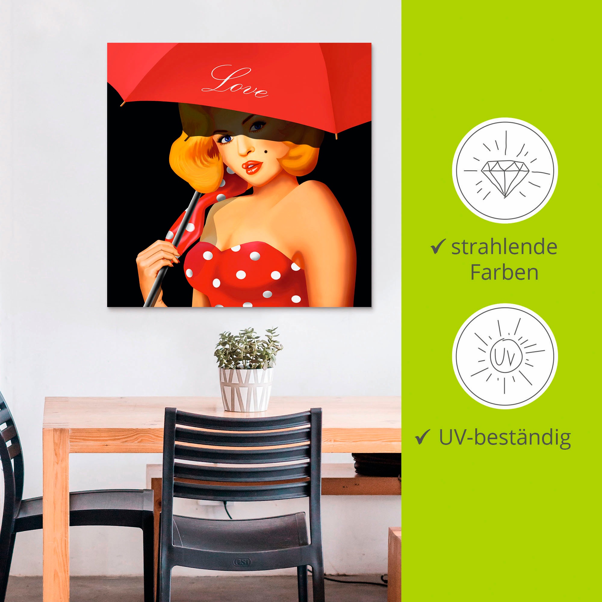 Artland Wandbild »Pin-Up Girl unter rotem Regenschirm« Frau 1 Stk. tlg. als Alubild, Leinwandbild in verschied. Größen