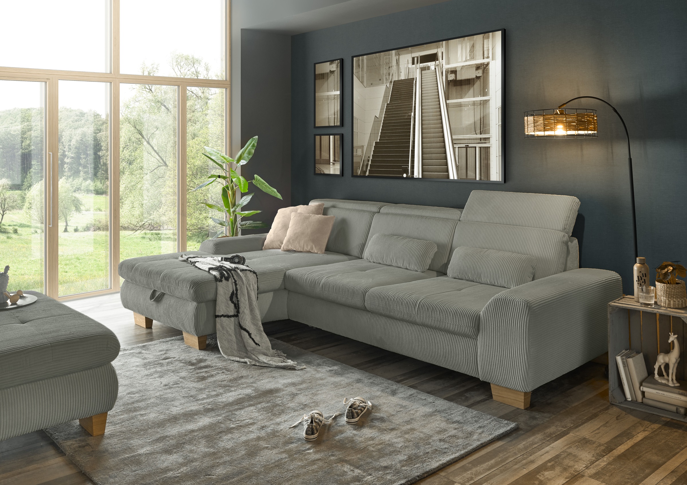 set one by Musterring Ecksofa »SO 3400, Cord, Sitzhöhe 47cm oder 49cm, inkl. Sitztiefenverstellung«, mit Canape und verschiedenen Funktionen, Kaltschaum, B307 x T195 cm