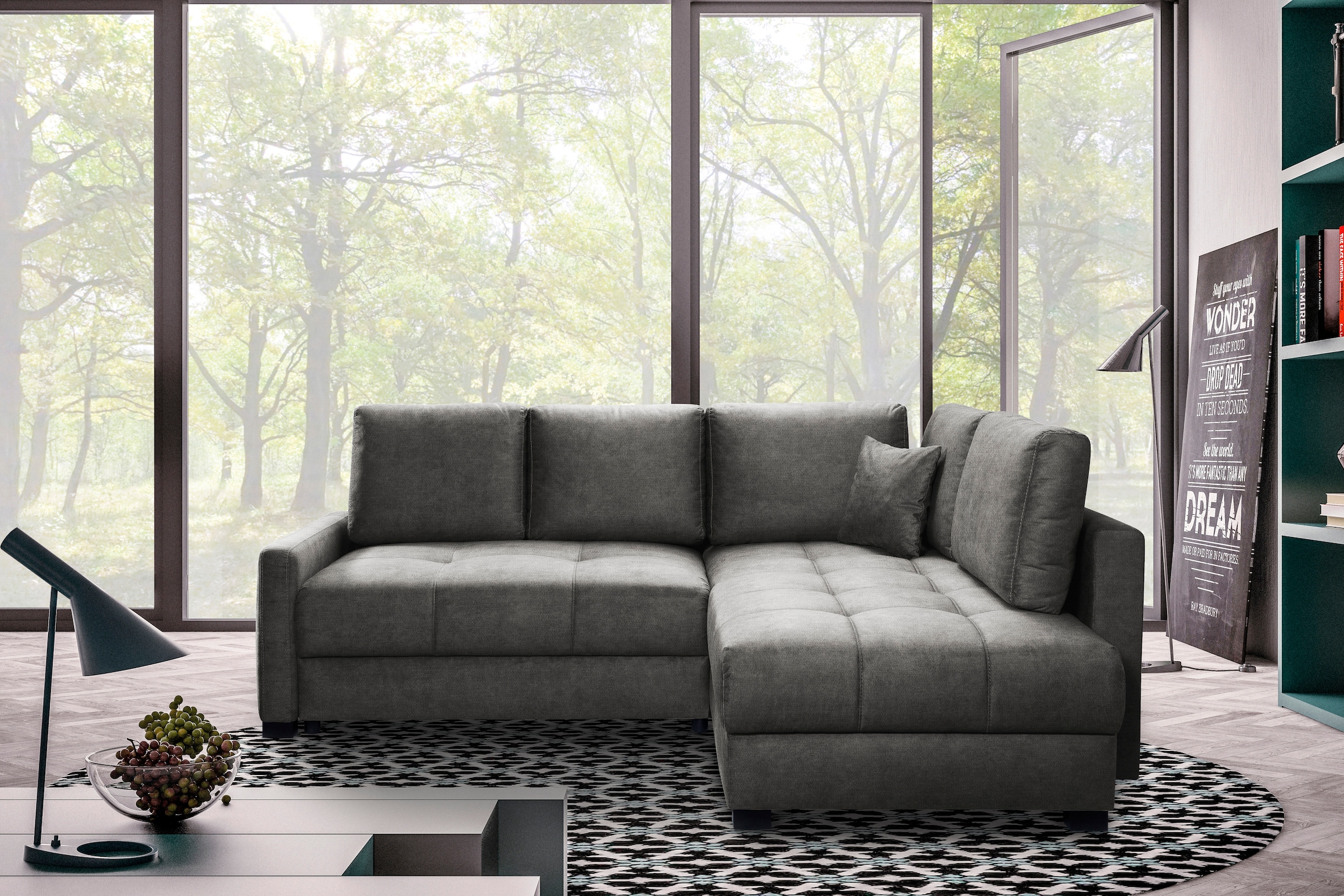 exxpo - sofa fashion Ecksofa »Chester, Boxspring Federkern-Polsterung für bequemeren Sitzkomfort«, L-Form, schmale Armlehnen, Bettfunktion u. Bettkasten