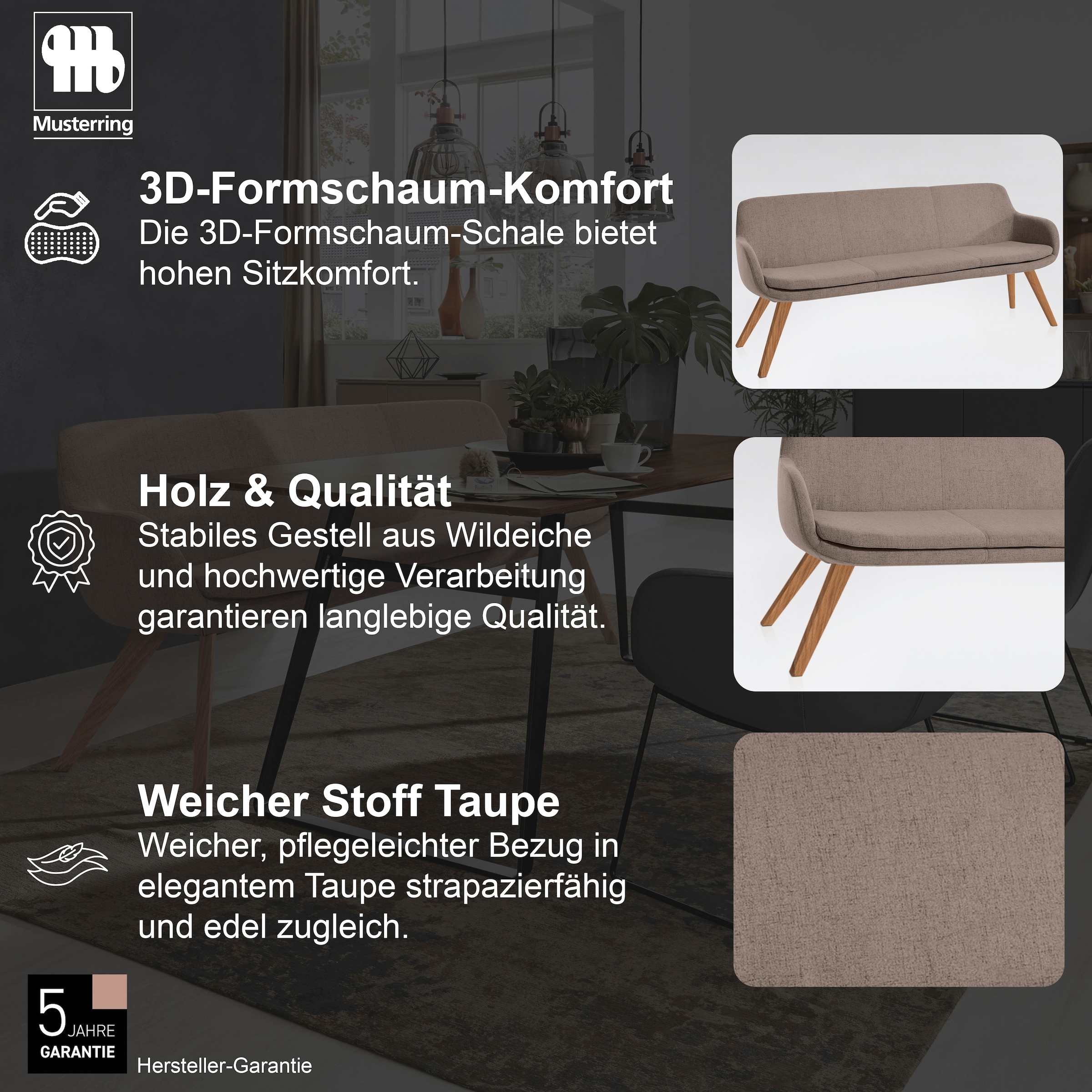 Musterring Essbank »Tavia« Stativgestell Wildeiche massiv geölt, Breite 180, 200 oder 220 cm