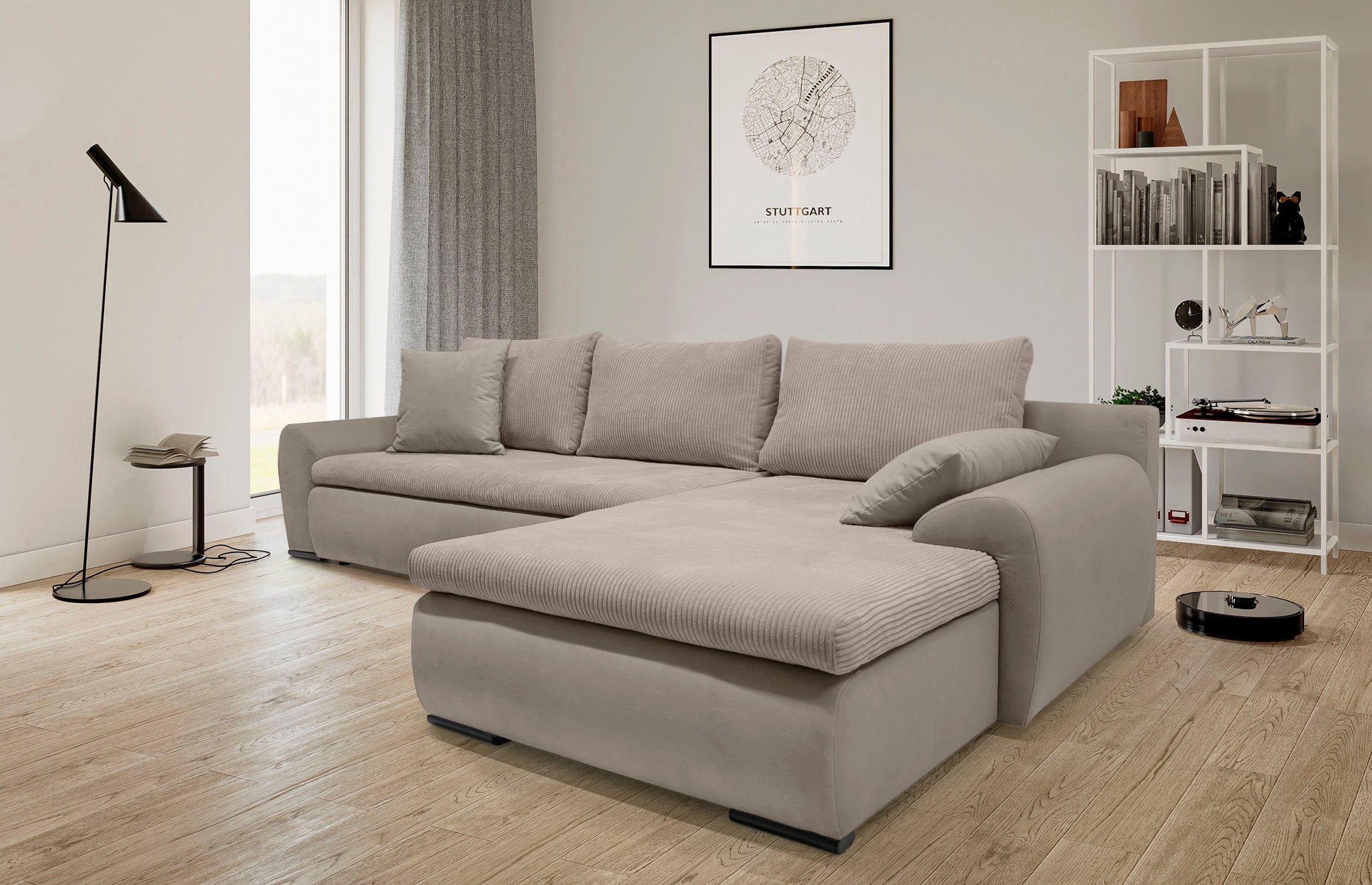 Home affaire Ecksofa »Win, L-Form, Breite 285cm«, optional mit Schlaffunktion und Bettkasten, taupe, Cord