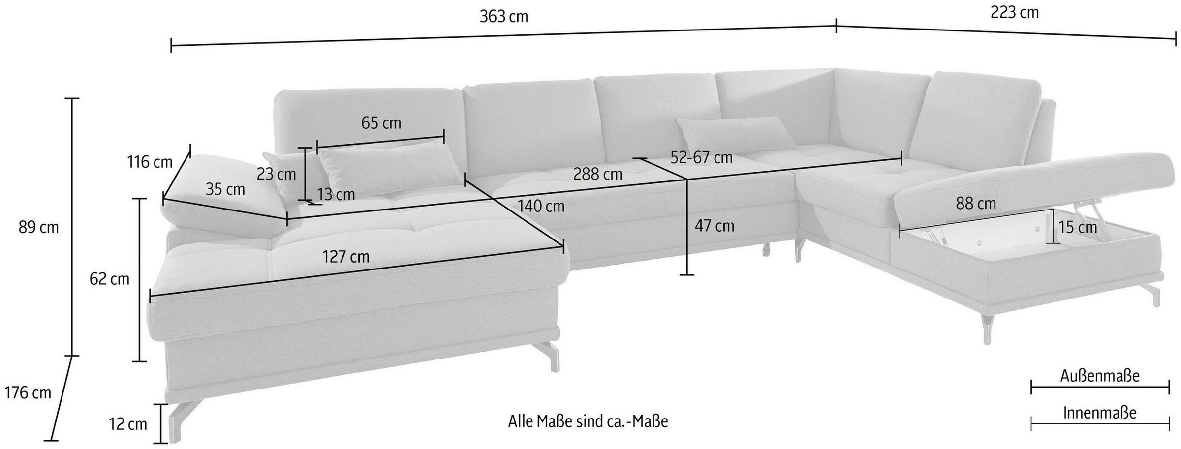 Places of Style Wohnlandschaft »Costello U-Form, mit Sitztiefenverstellung, Armteilverstellung und«, 3 Nierenkissen, optional Bettfunktion und Bettkasten