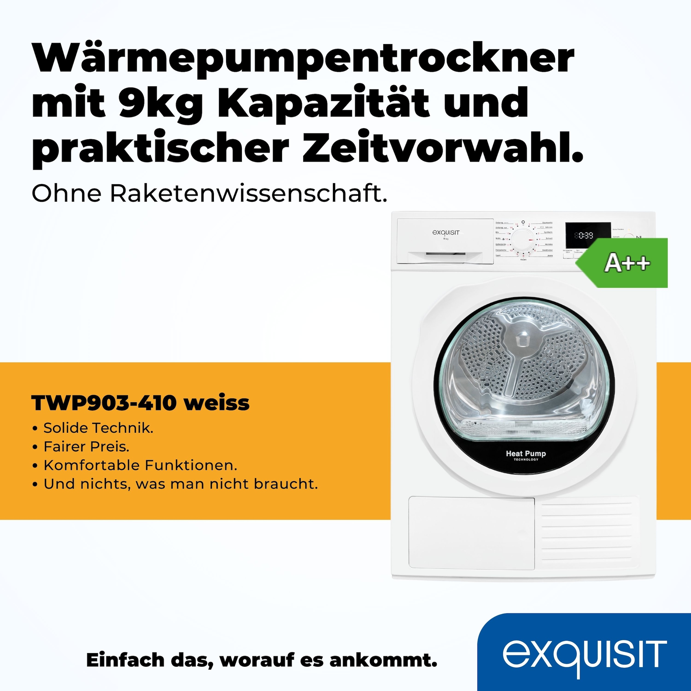 exquisit Wärmepumpentrockner »TWP903-410 weiss«, 9 kg, 15 Programme, Startzeitvorwahl, Knitterschutz, LED-Licht