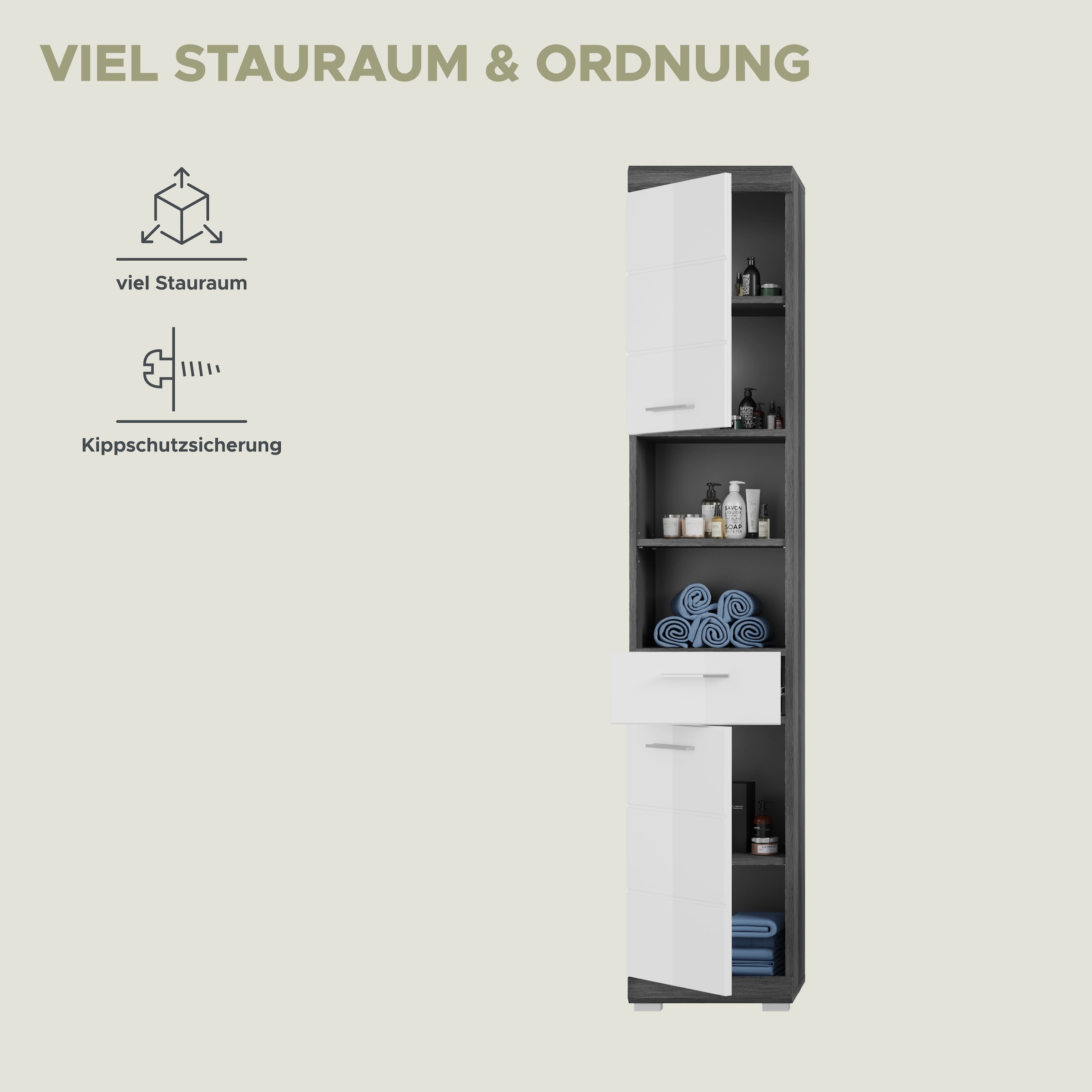 INOSIGN Hochschrank »Siena, Breite 37cm, 2 Tür, 1 Schubkasten, 2 offene Fächer, MDF-Front«, (1 St.), in verschiedenen Farben erhältlich, Badmöbel, Badschrank, Schrank, Bad