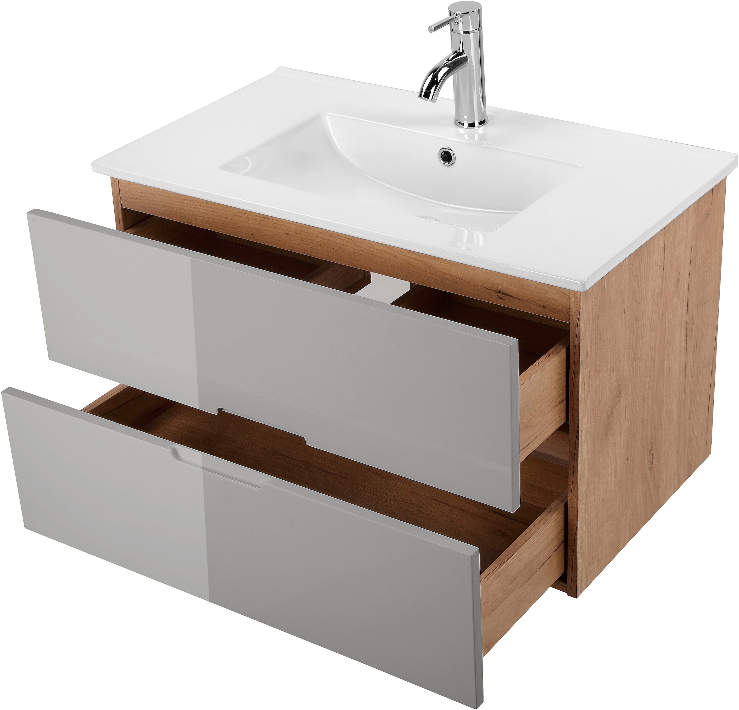 andas Badmöbel-Set »Lund Badmöbel Set Badschrank Badezimmerset«, (Komplett-Set, 3 St.), Waschtisch, Spiegelschrank und Becken Breite 80cm