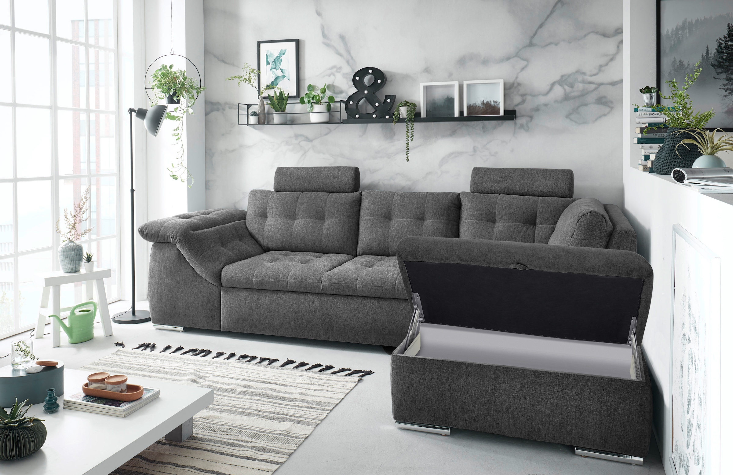 ED EXCITING DESIGN Ecksofa Oman, mit Bettfunktion, Bettkasten, Armteilverstellung und  Kopfstützen