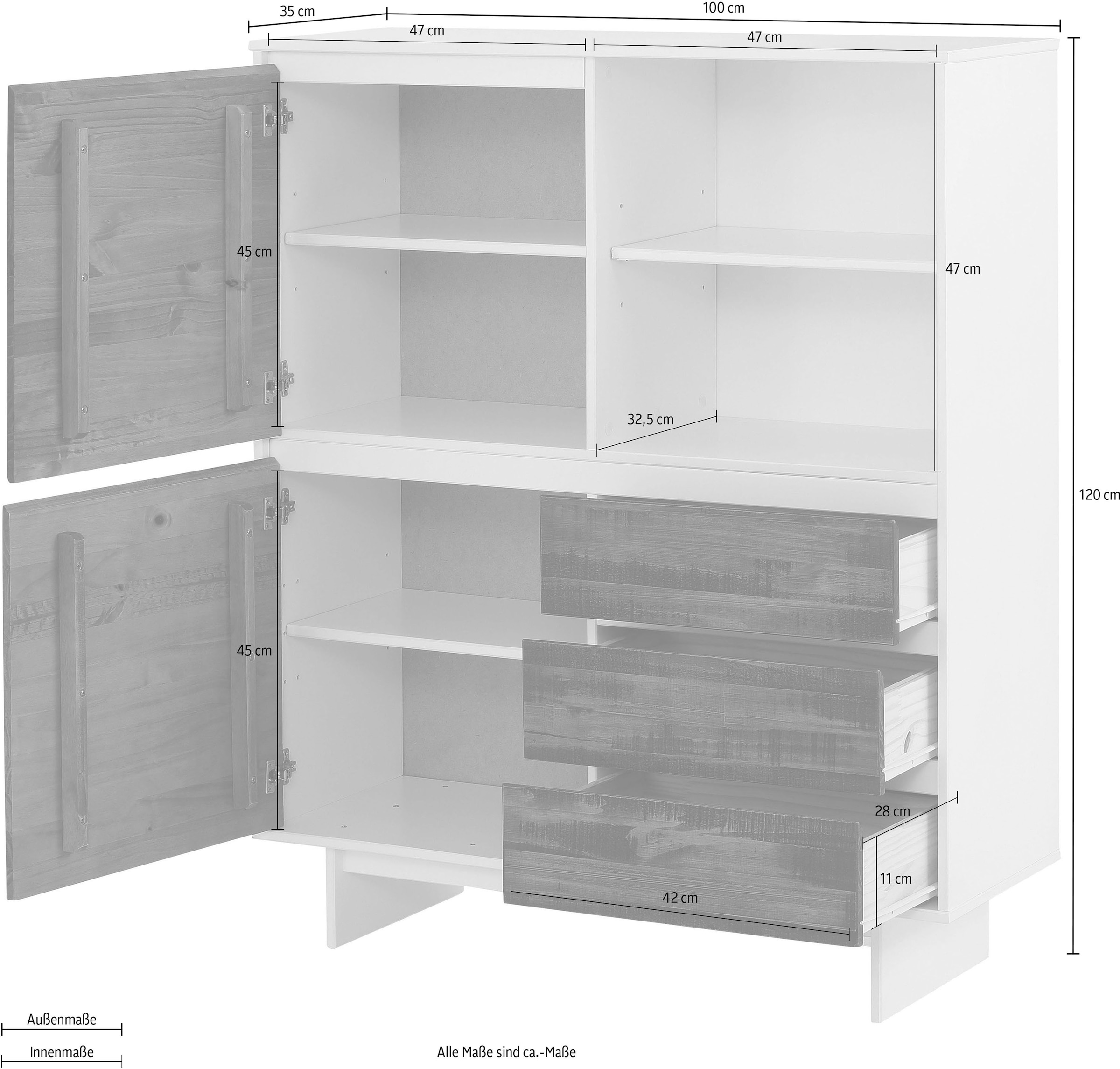 Home affaire Drehtürenschrank »Morgan«, aus massivem Kiefernholz, mit eingefrästen Griffmulden, Höhe 120 cm