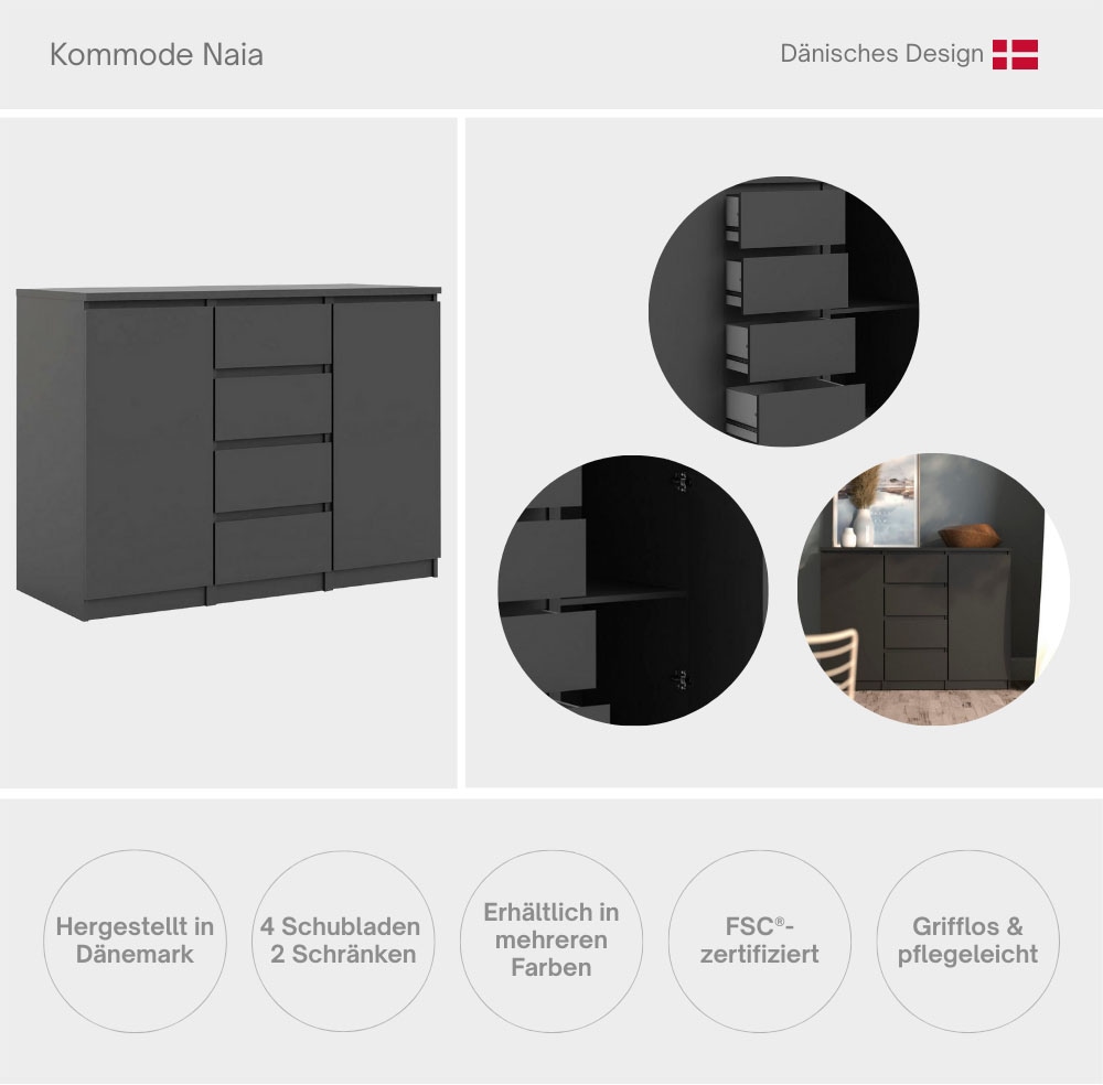INOSIGN Kommode »Naia, Sideboard, 4 Schubladen, 2 Türen, Aufbewahrung, grifflose Front« Mit Einlegeböden, modern, skandinavisches Design, in mehrere Farben