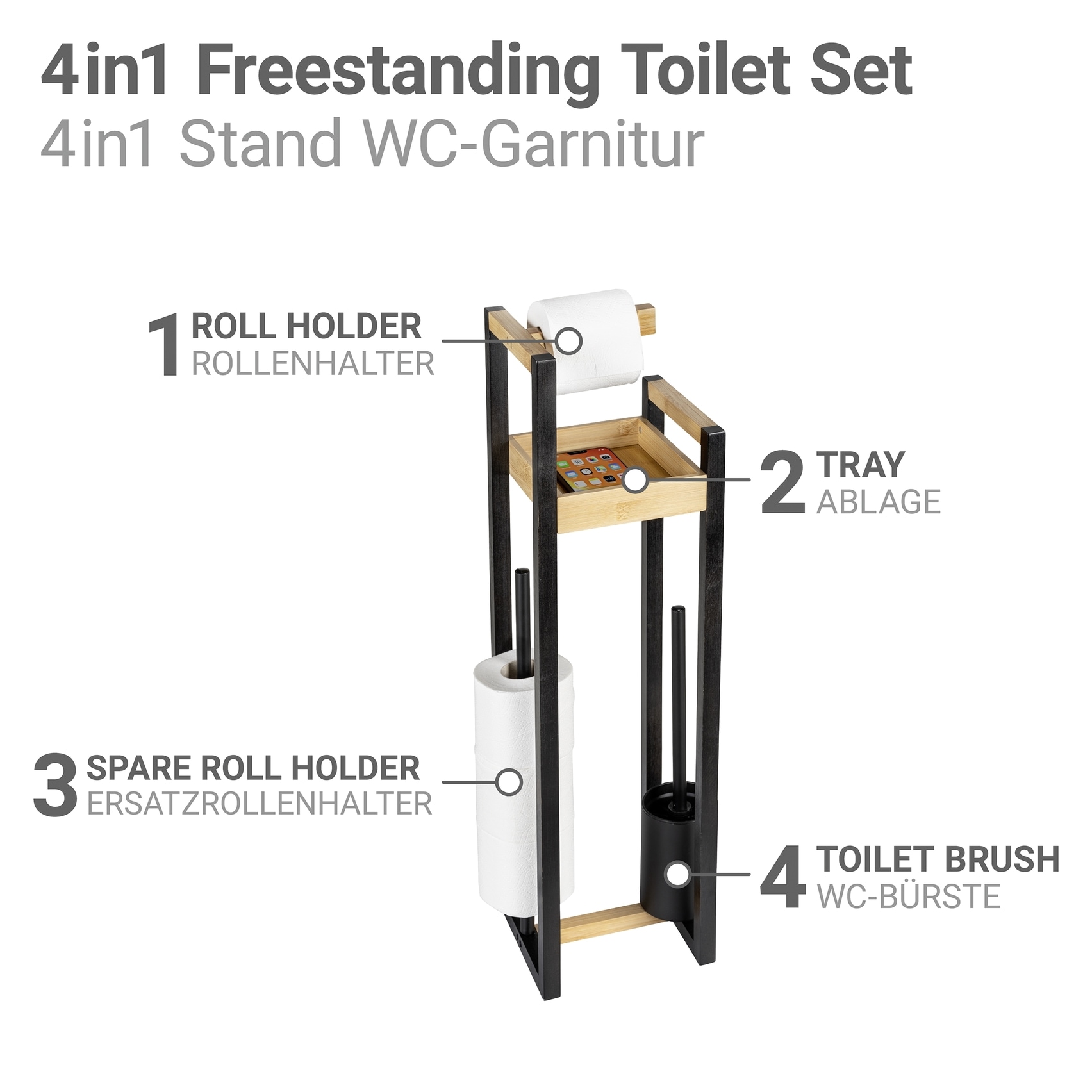 WENKO WC-Garnitur »Braidi« aus Bambus 4in1, Toilettenbürste, Rollen-/Ersatzrollenhalter, Ablage, freistehend