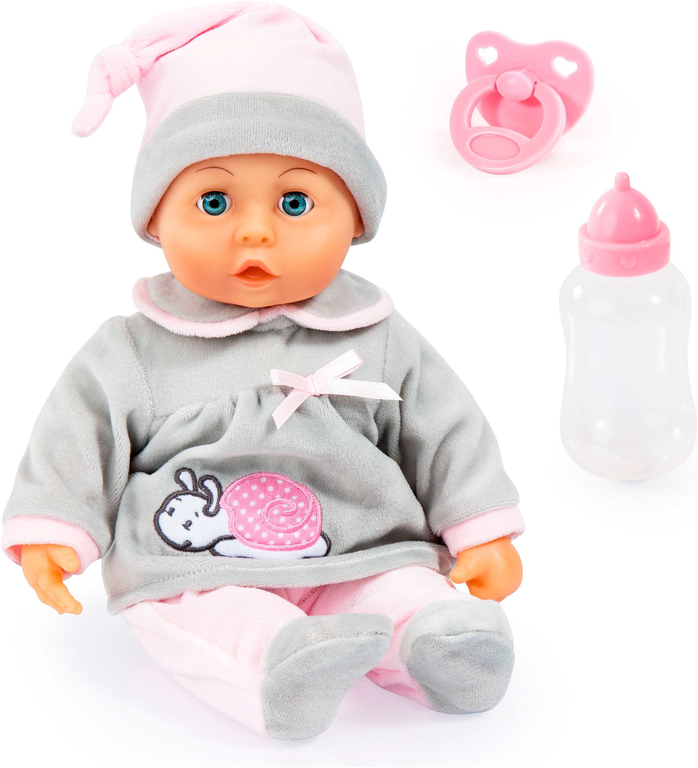 Bayer Babypuppe »First Words Baby, 38 cm grau/rosa«, (3 tlg.)