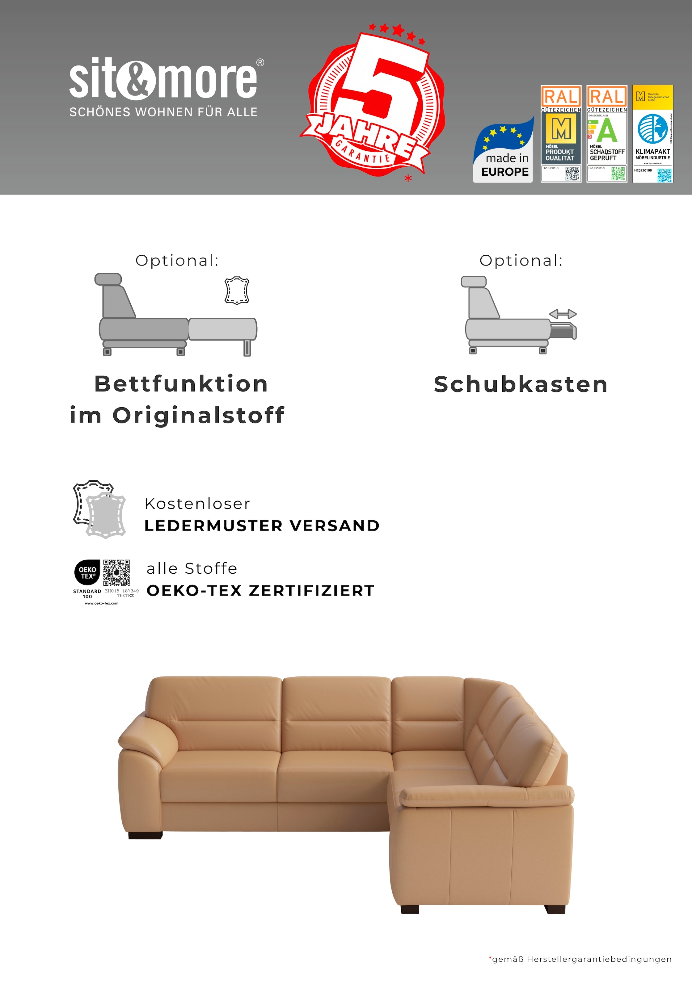 sit&more Ecksofa »Montego Leder, L-Form, B: 255cm« wahlweise mit Schlaffunktion und Schubkasten