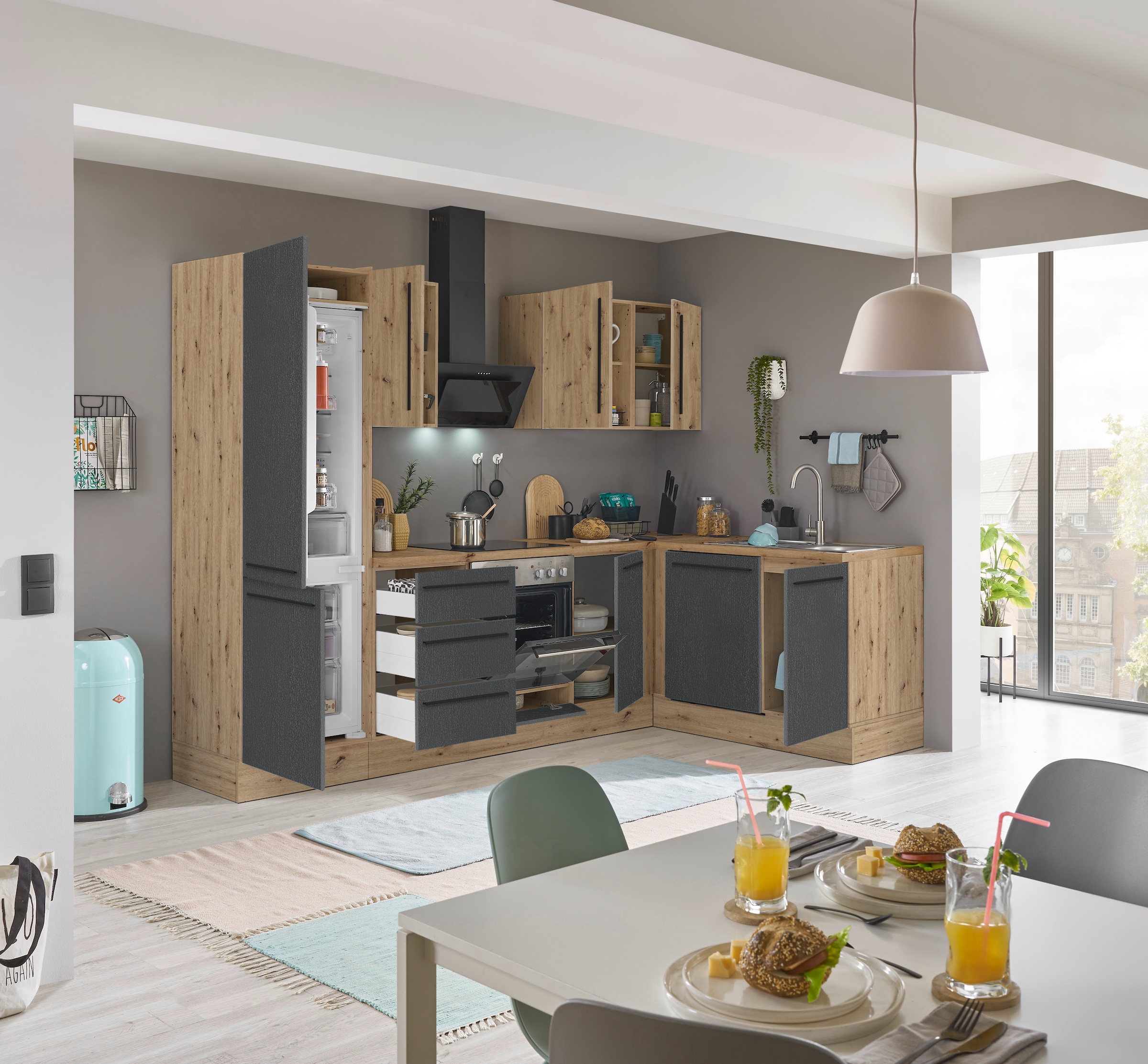 KOCHSTATION Winkelküche »Florida, Stellbreite 280x165 cm«, wahlweise mit E-Geräten, mit Softclose für Türen und Schubkästen
