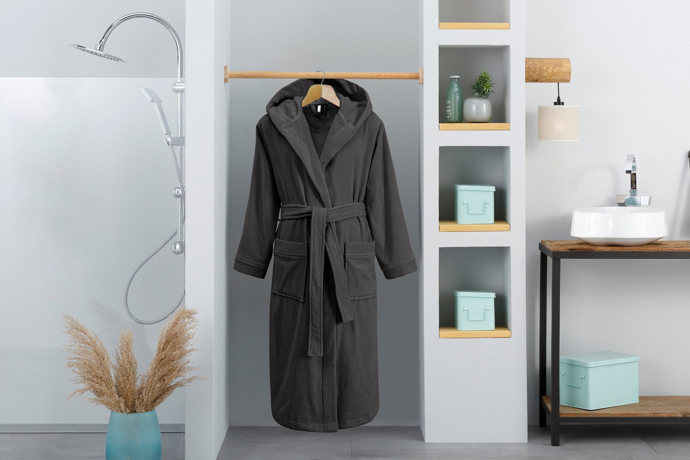 OTTO home Unisex-Bademantel »Fenya, 330 g/m², Premium, Hotelbademantel, Morgenmantel,  Sauna & Spa« 1 Stk. Reißverschlusstaschen, weich mit GRATIS-Zugabe: 1x Duschtuch 70x140 cm