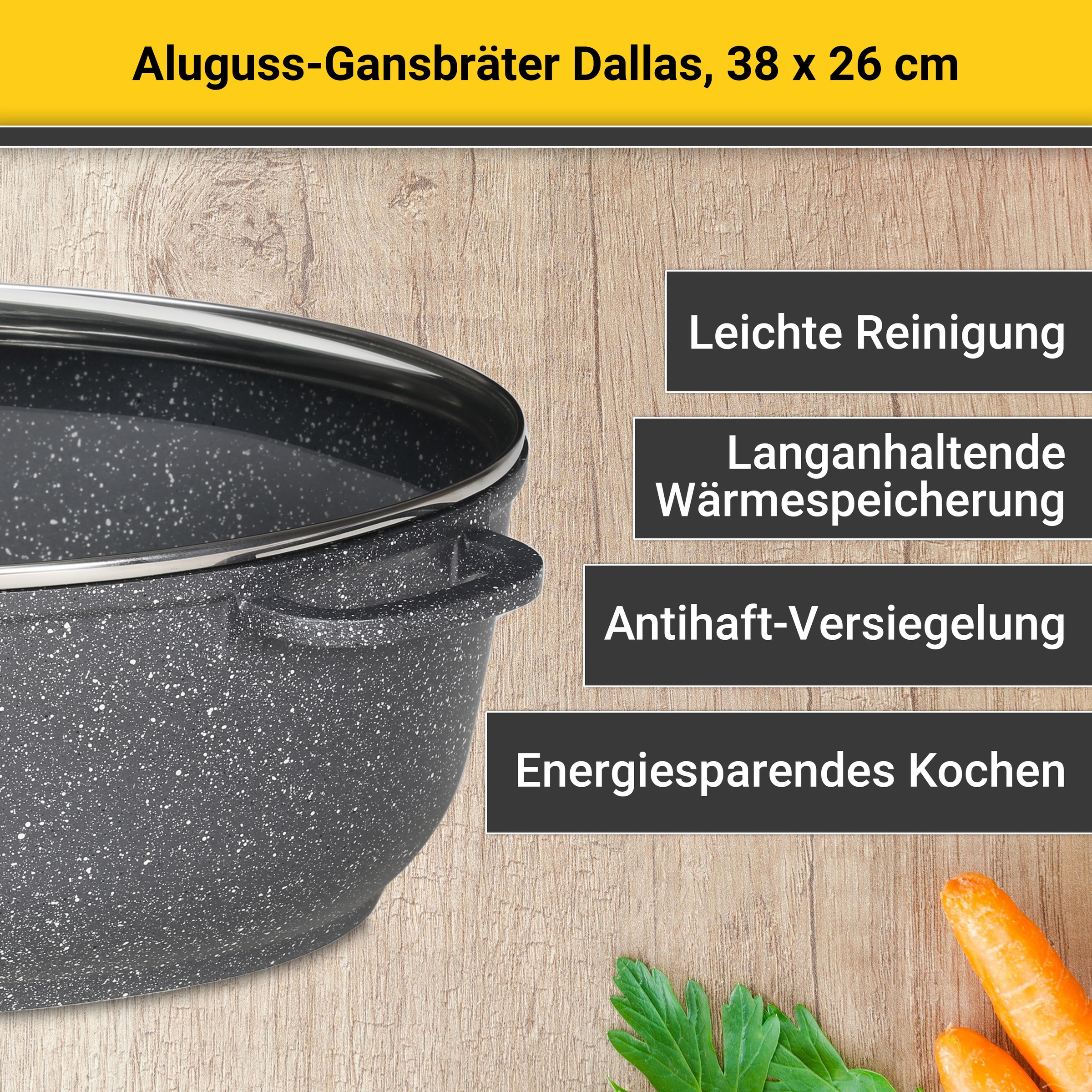 Krüger Bräter »Aluguss Gansbräter mit Glasdeckel und Aromaknopf Dallas, 38 x26 x13 cm«, Aluminiumguss, (1 tlg.), für Induktions-Kochfelder geeignet
