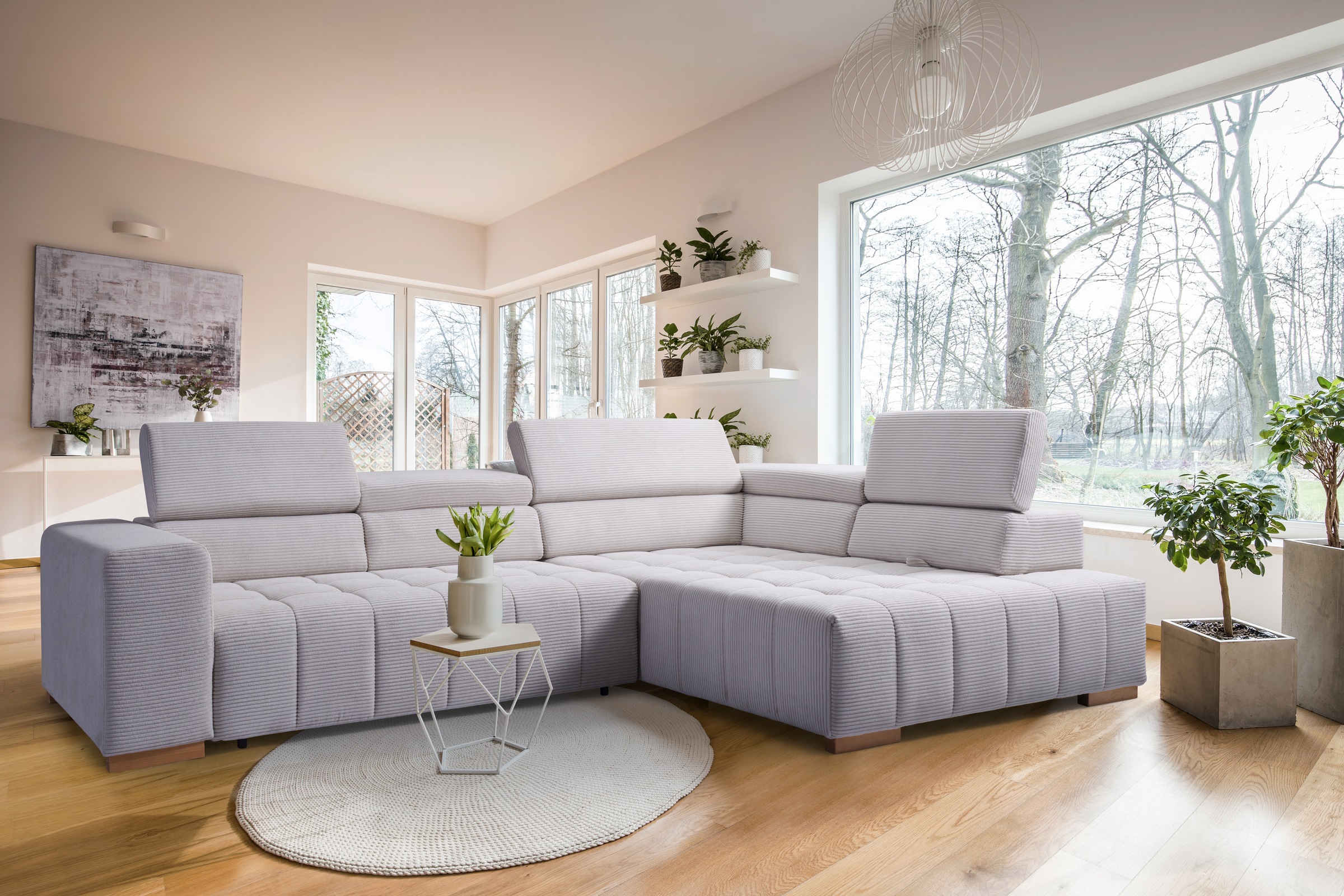 exxpo - sofa fashion Ecksofa »Elianos, hoher Sitzkomfort, aufwendige Kreuzsteppung im Sitz, L-Form«, Kopfteile & Sitztiefe verstellbar, mit Bettfunktion, Cord, beige