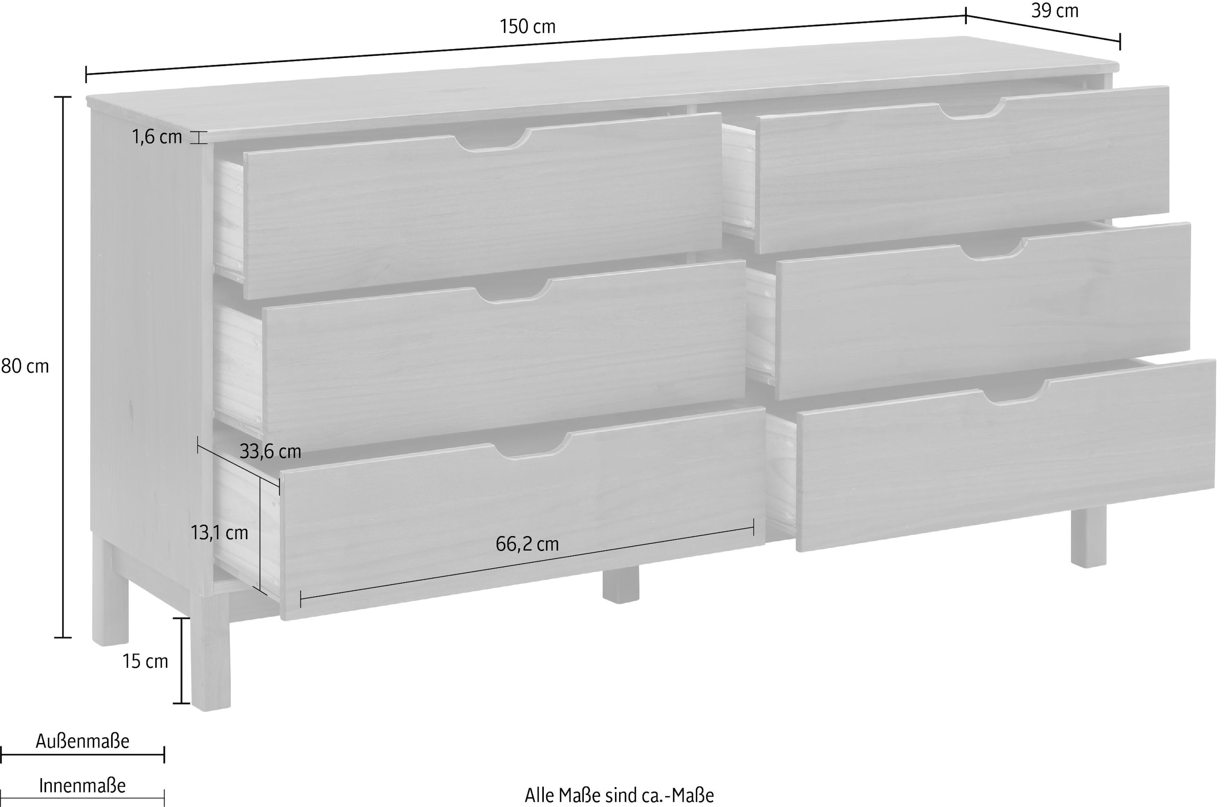 OTTO home Kommode »Post« massives Kiefernholz, mit vielen Stauraummöglichkeiten, Breite 150 cm