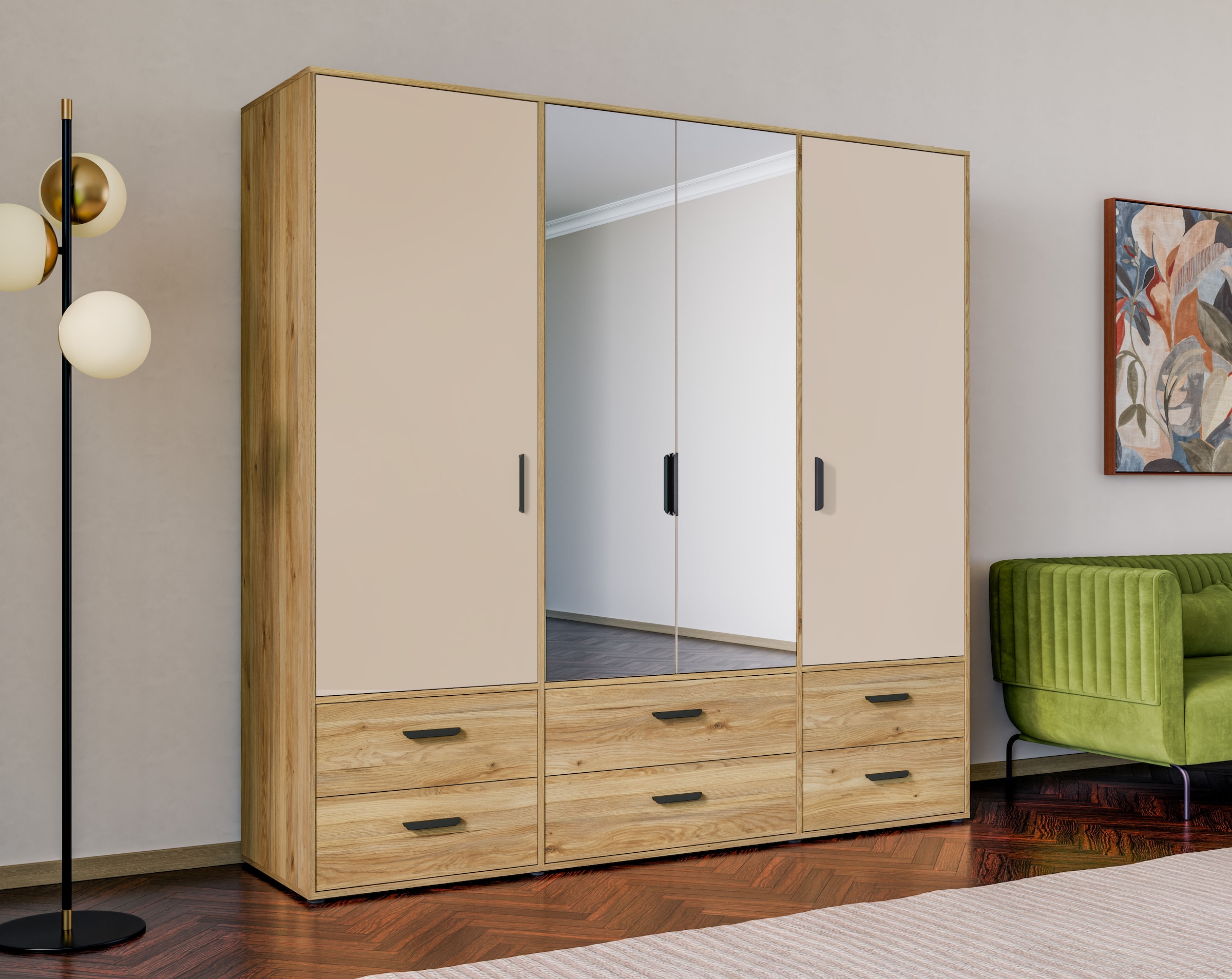 FORTE Drehtürenschrank »Schrank mit Spiegel, zeitloses Design, 4türig« viel Stauraum, Schubladen, Spiegeltürenm Höhe 200 cm