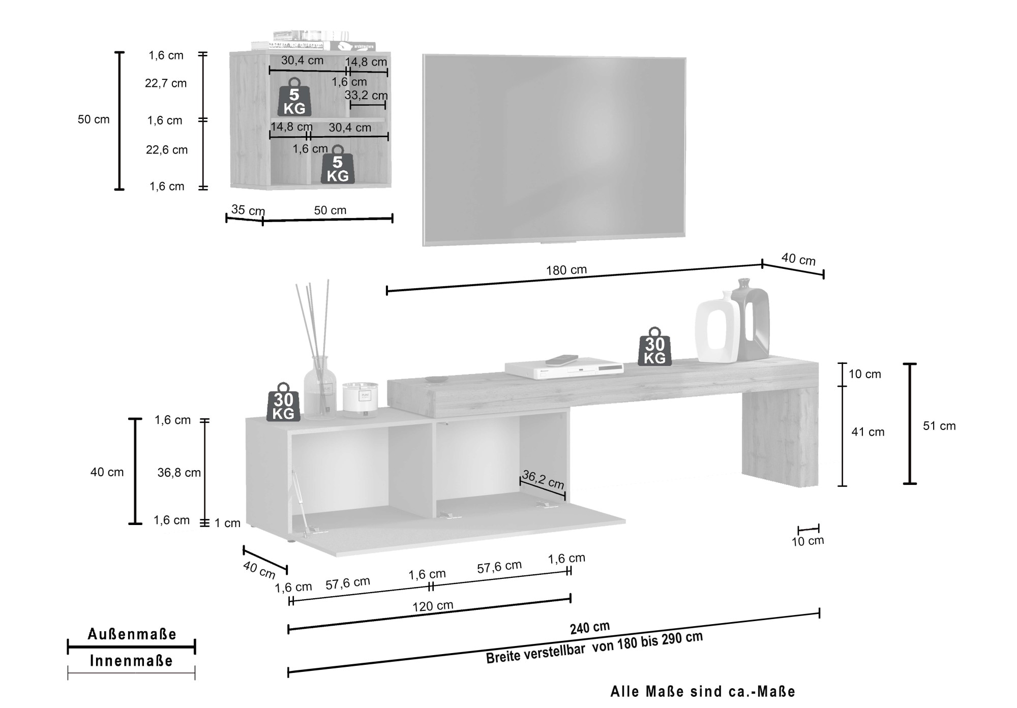 OTTO home TV-Wand »Chronos TV-Set, Wohnwand – Elemente frei platzierbar, Made in Italy« Set, 2-er set, 2 Stk. tlg.