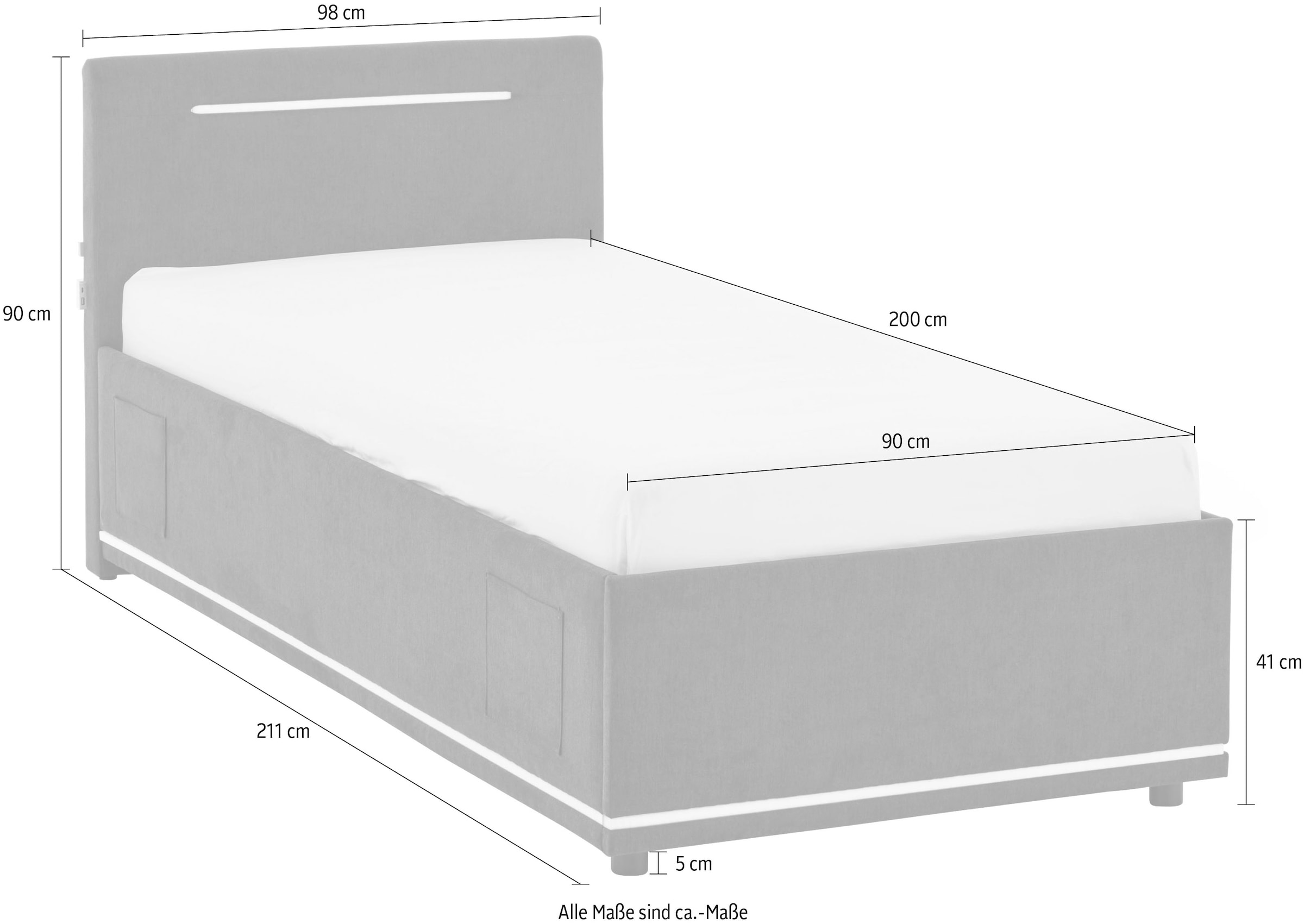meise.möbel Polsterbett »CIRCLE inkl. LED-Beleuchtung & USB-Anschluss, wahlweise mit Bettkasten« erhältlich in den Breiten 90cm, 120cm & 140cm