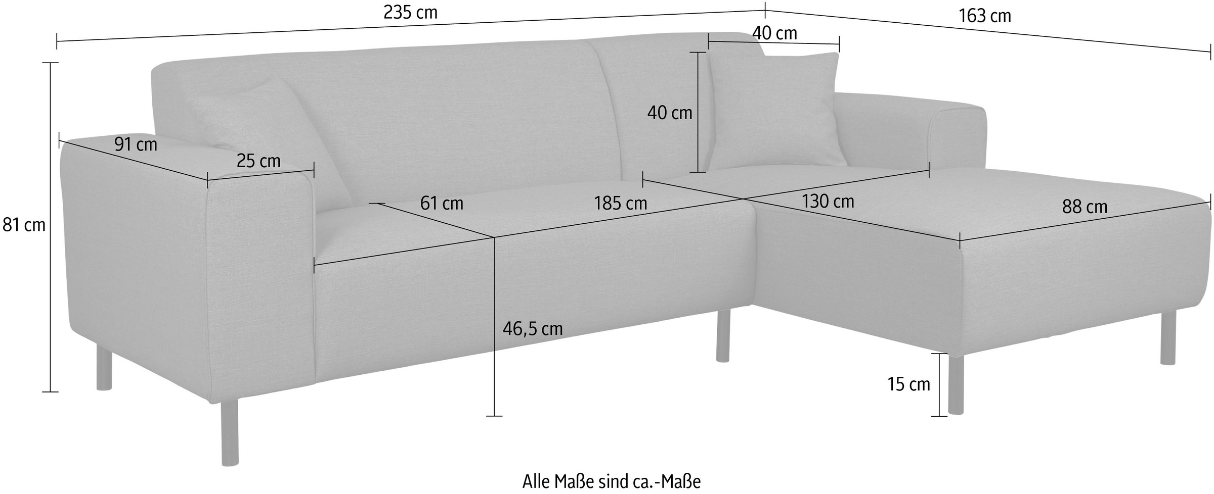 Home affaire Ecksofa »ARROS L-Form mit Wellenunterfederung, Maße B/T/H: 235/163/81 cm« incl. Zierkissen, mit Recamiere rechts/links bestellbar, auch in Cord