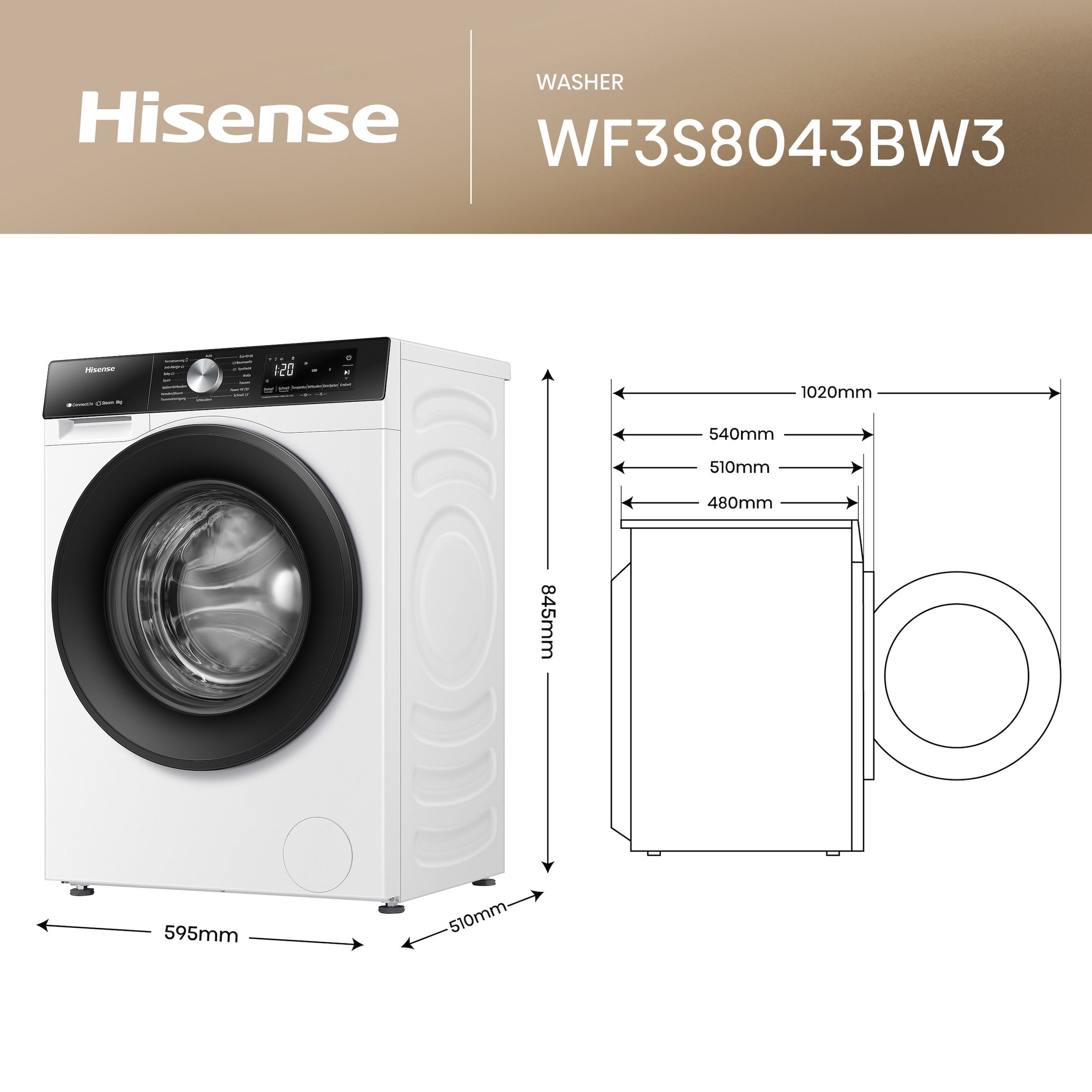 Hisense Waschmaschine 3S Serie »WF3S8043BW3« 8 kg 1400 U/min Wifi-ConnectLife