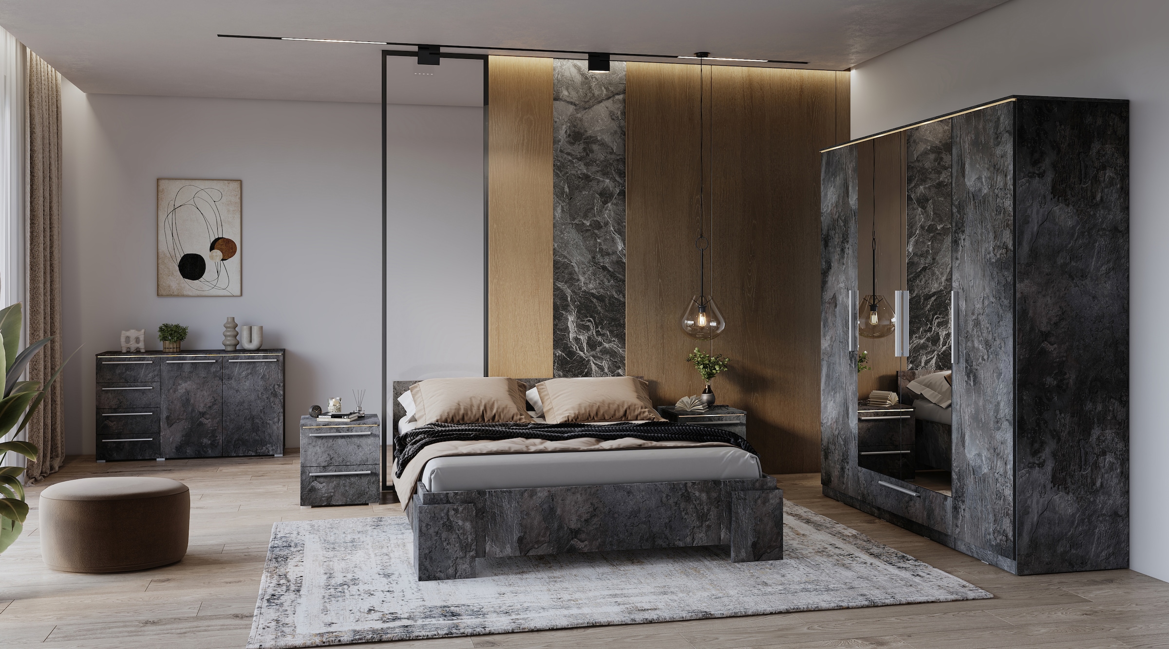 INOSIGN Nachtkommode »India, Stauraum in 2 Schubladen, FSC-zertifizierter Holzwerkstoff«, (in Schieferoptik oder weiß mit Hochglanzfronten, 46x50x41(BxHxT), Nachtschrank mit Beleuchtung und Fernbedienung, Made in Europe