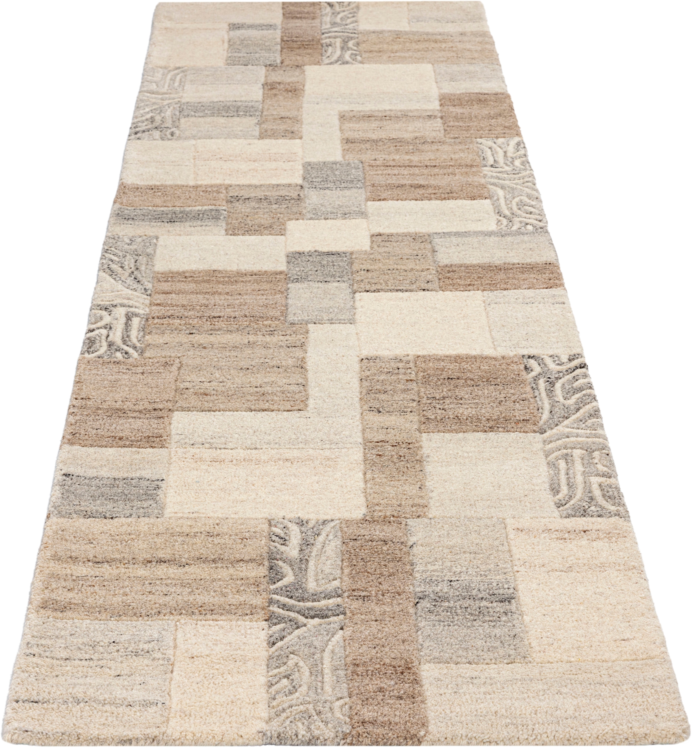 THEKO Läufer »Lola, Wolle, handgearbeitet, Patchwork Design« rechteckig 12 mm Höhe Teppich-Läufer, handgetuftet, Flur, Brücke