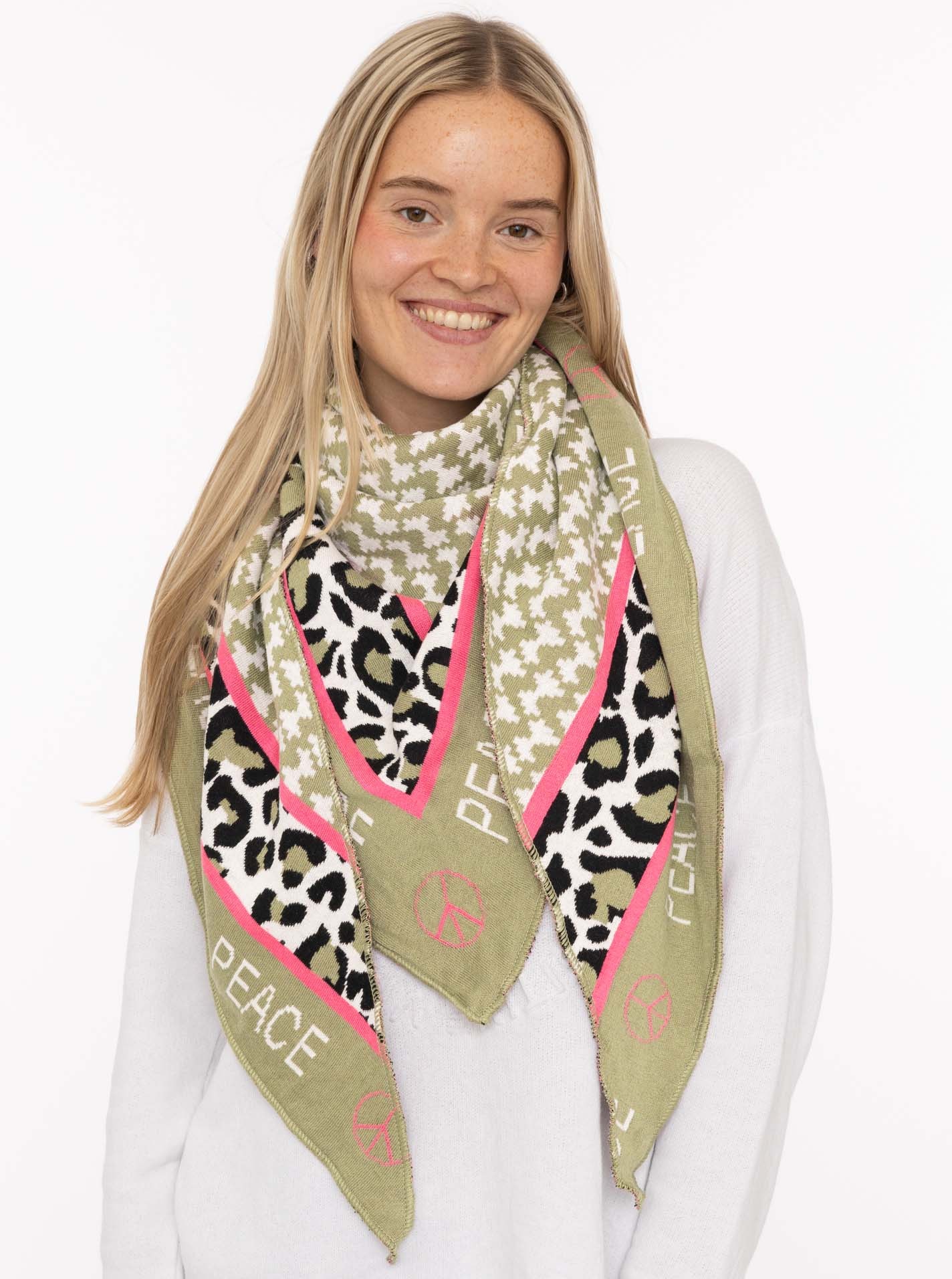 Zwillingsherz Dreieckstuch »"Peace"« Schriftzug und Leomuster, wärmend, Strick