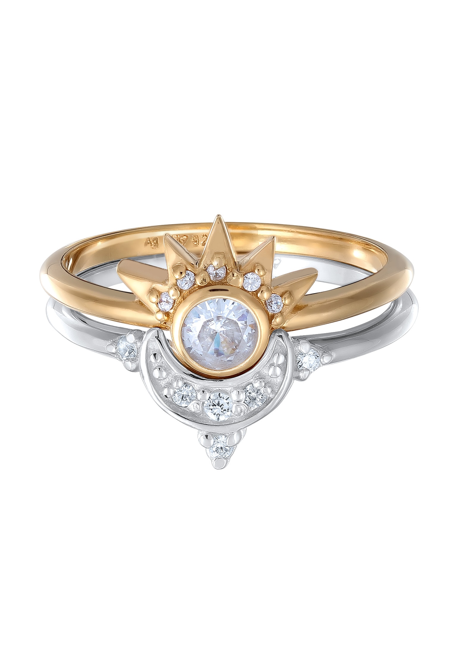 Elli Ring-Set »Ring Mond Sonne Zirkonia 2er Set 925 Sterling Silber vergoldet«