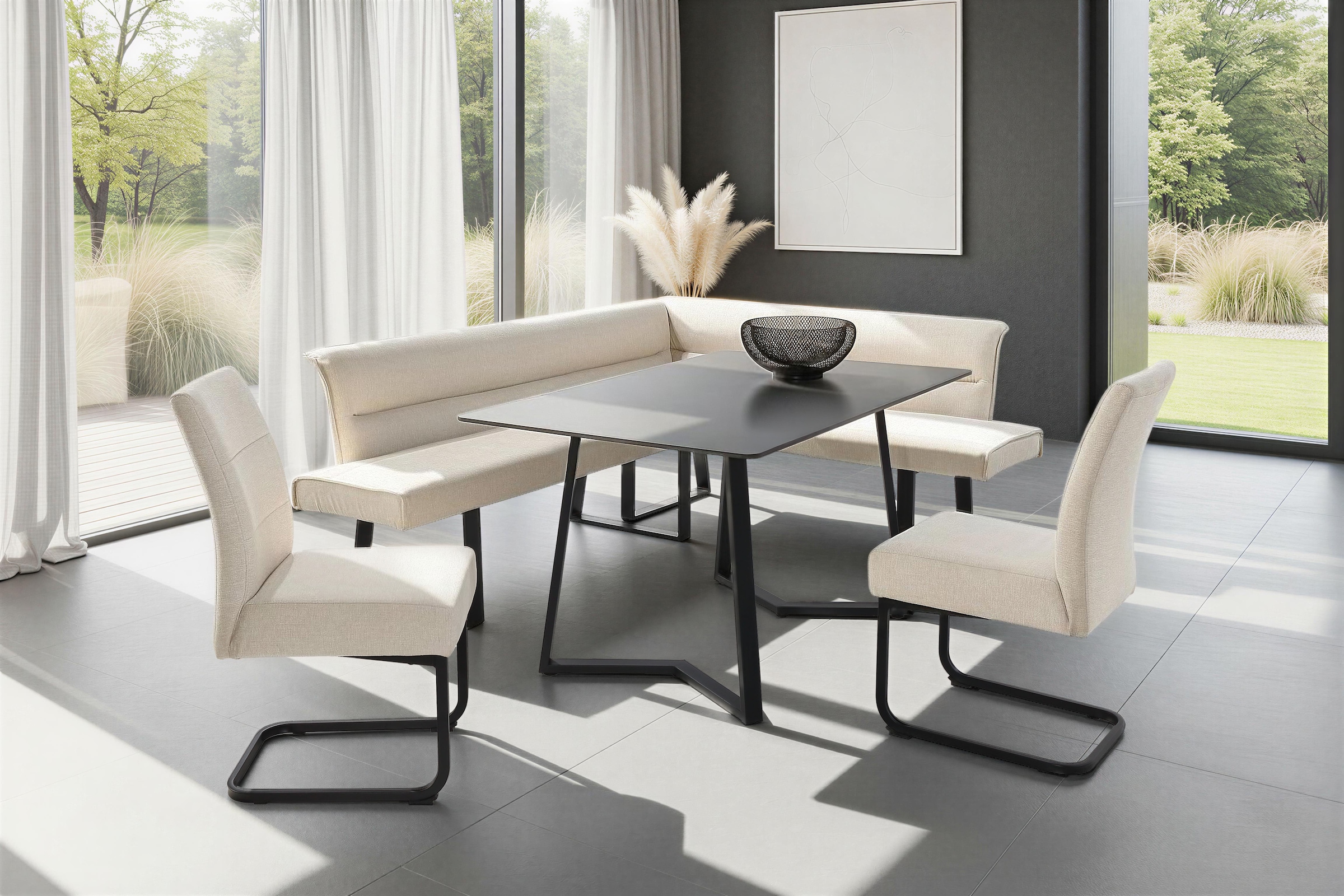 OTTO home Eckbankgruppe »Tisch, Bank und 2 Stühle, Taschenfederkern« Set, 4 tlg. Tisch (140x90cm) schwarz, Bank und Stühle anthrazit oder beige