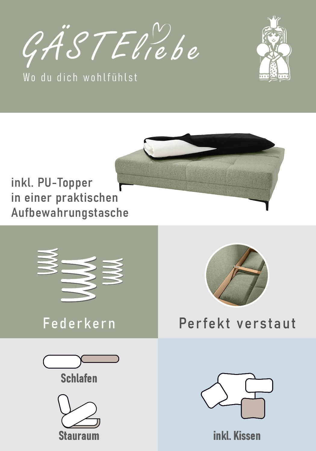 Jockenhöfer Gruppe Schlafsofa »Felix, B: 205 cm, Liegefl. 155x201 cm, Dauerschlafsofa, inkl. Topper« inklusive Schlaffunktion und Bettkasten, Federkernpolsterung