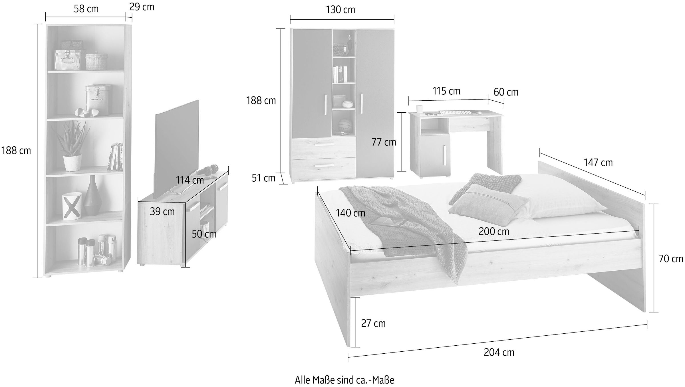 arthur berndt Jugendzimmer-Set »Alessio«, (Set, 5 tlg., Bett, Kleiderschrank, Schreibtisch, Standregal und TV-Lowboard.), mit Melamin-Oberfläche