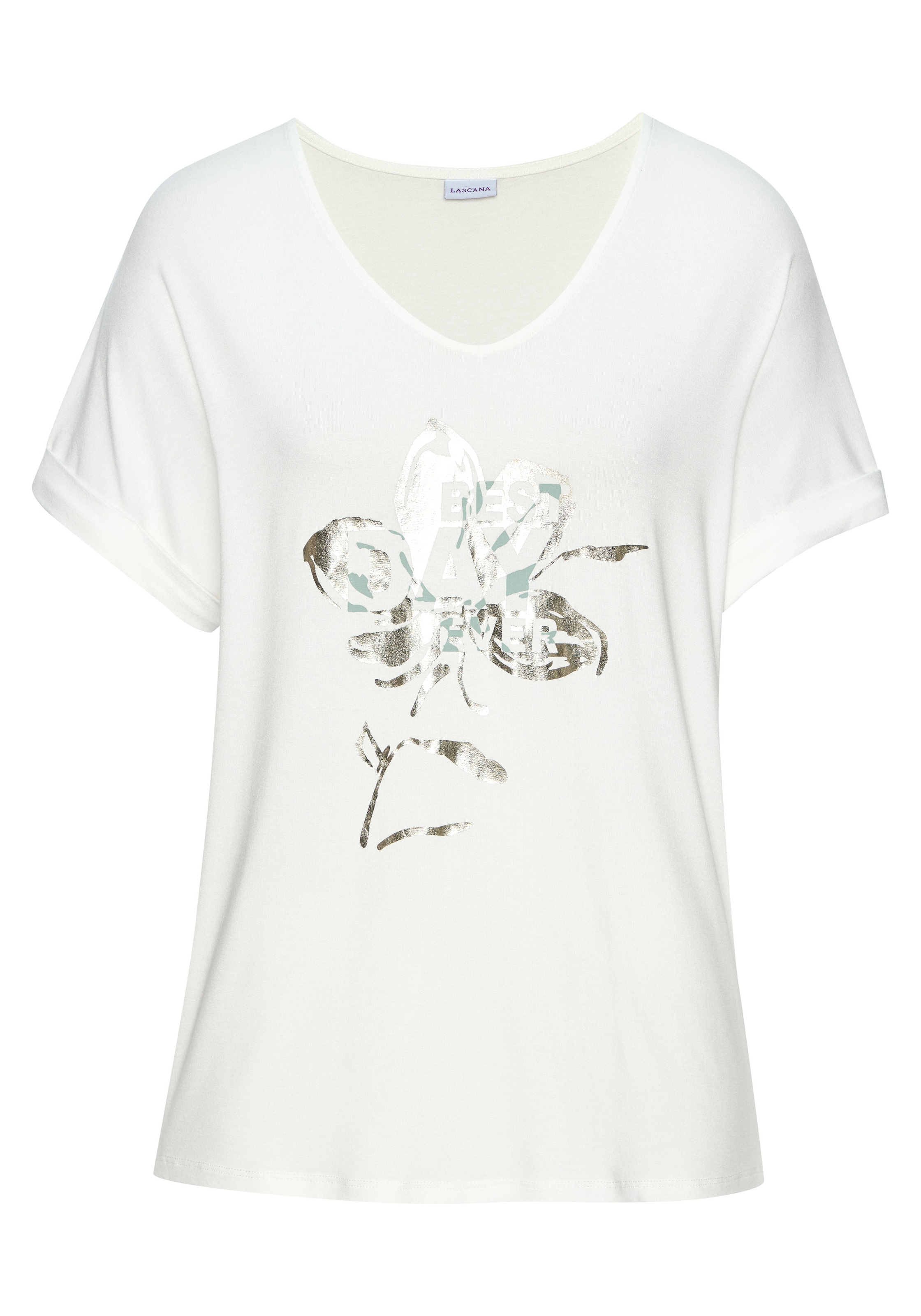 LASCANA Kurzarmshirt »mit schimmerndem Print« aus weichem Viskose-Stretch