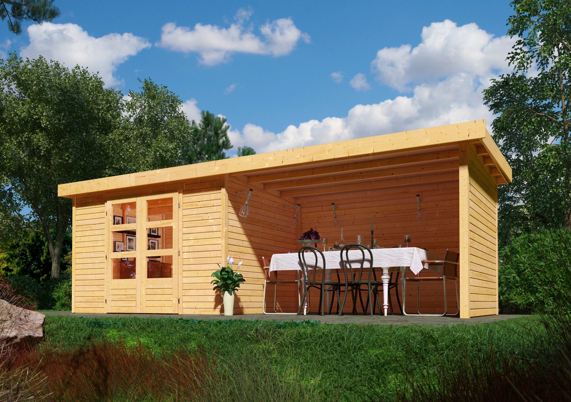 Karibu Gartenhaus »Askola 5«, terragrau, mit Anbaudach, Seiten- und Rückwand