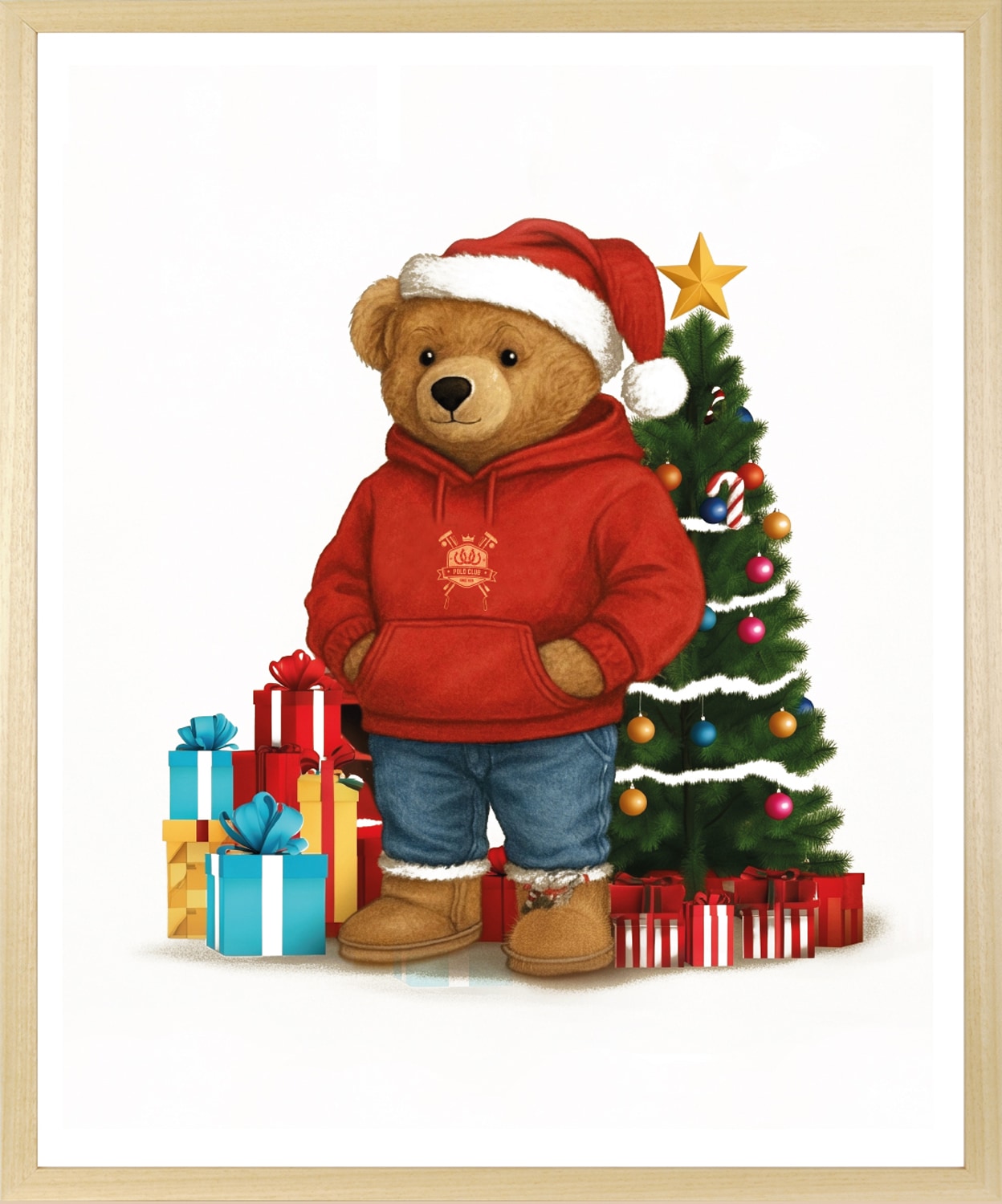 queence Bild mit Rahmen »Teddy Bär mit Weihnachtsmütze vor Tannenbaum« Bär | Bären | Fashion | Figuren | Mode | Modebilder HD Premium Poster-Druck inkl. Echtholzrahmen in beige
