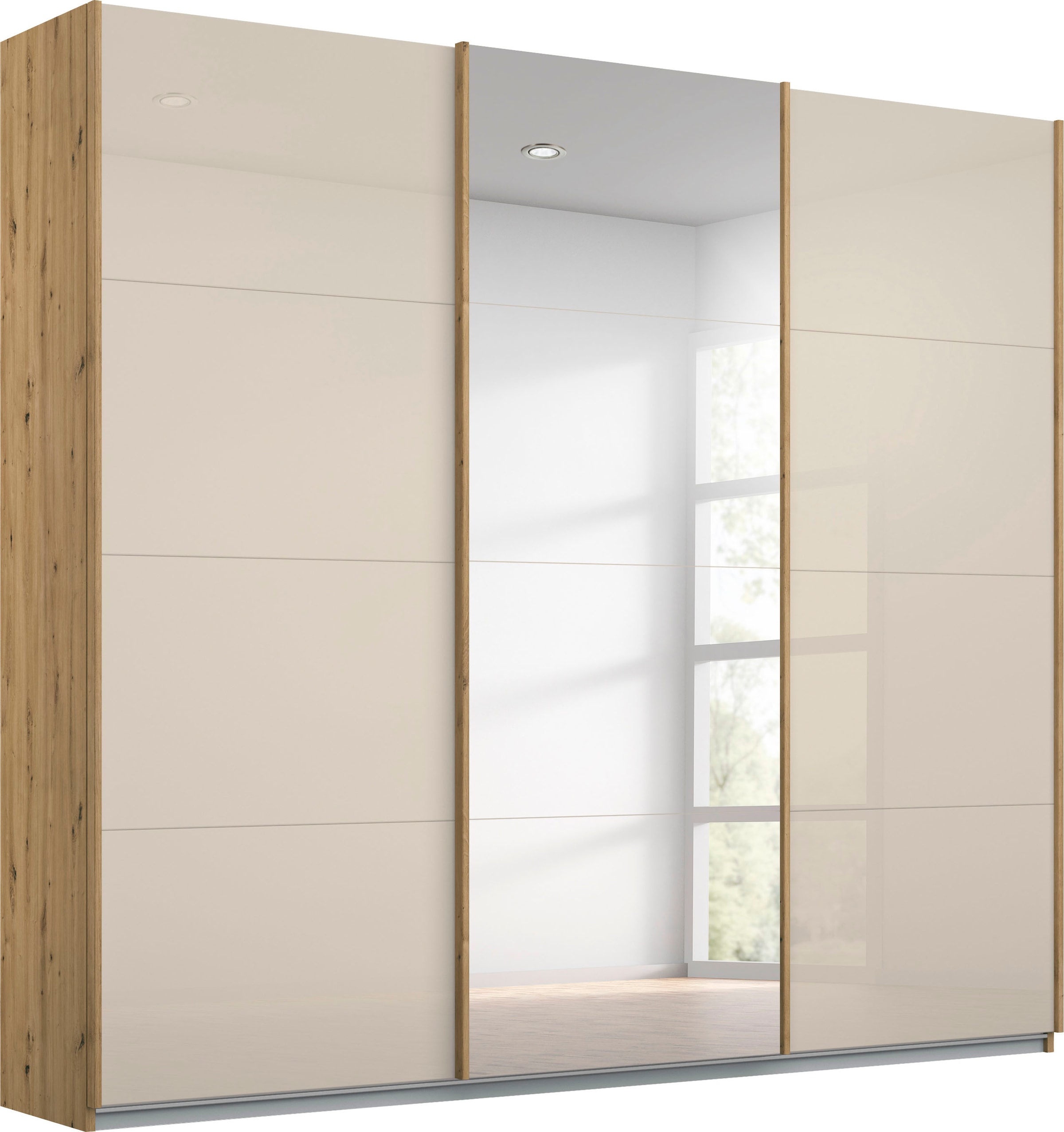 rauch Schwebetürenschrank »Kleiderschrank Schrank Garderobe KOLUNA mit Glastüren und Spiegel« 3 Ausstattungen BASIC/CLASSIC/PREMIUM (inkl. SOFT-CLOSE-FUNKTION),  Breiten 203/271/315/360 cm Höhen 210/229 cm MADE IN GERMANY