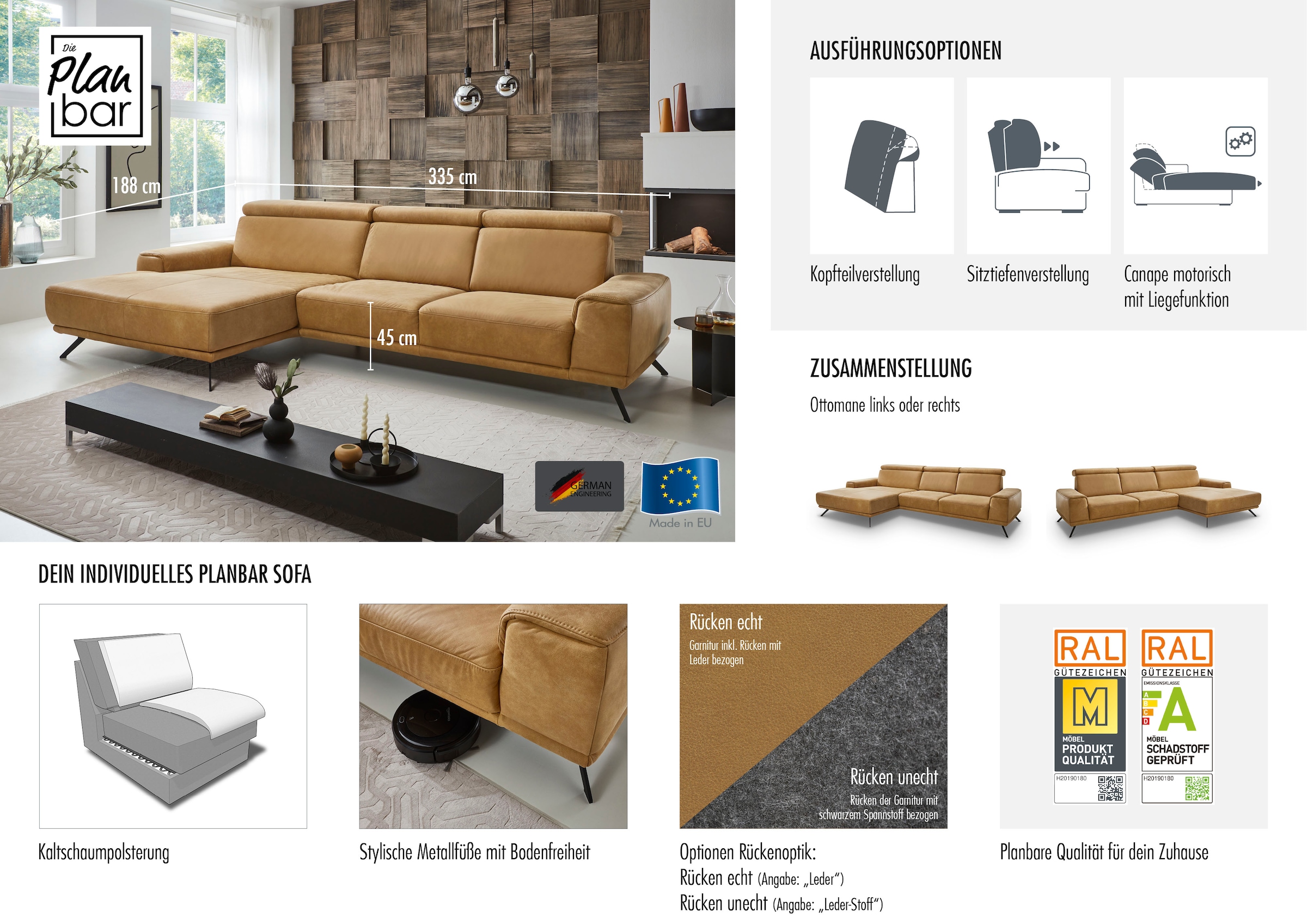 Die PlanBar Ecksofa »PN-EM22041 L-Form«, wahlweise motorisches Canape oder Sitztiefenverstellung