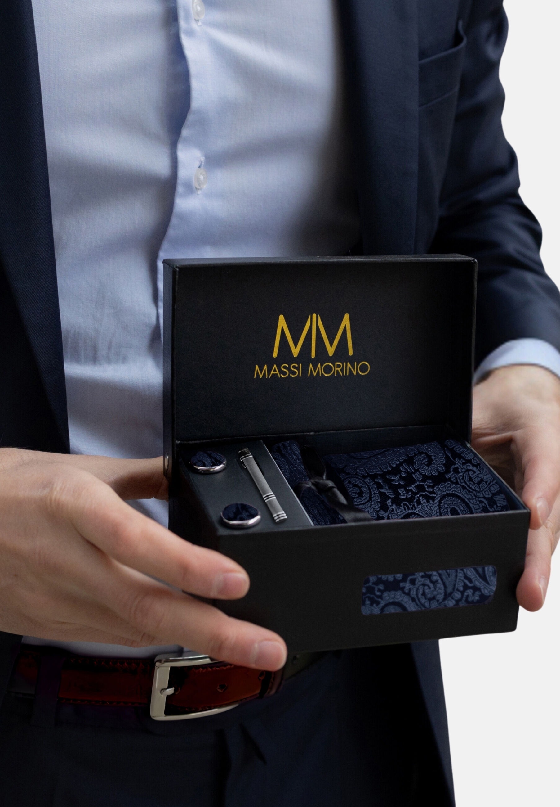 Massi Morino Krawatte »Massi Morino Krawatten-Set« mit Einstecktuch, Manschettenknöpfen und Krawattenklammer