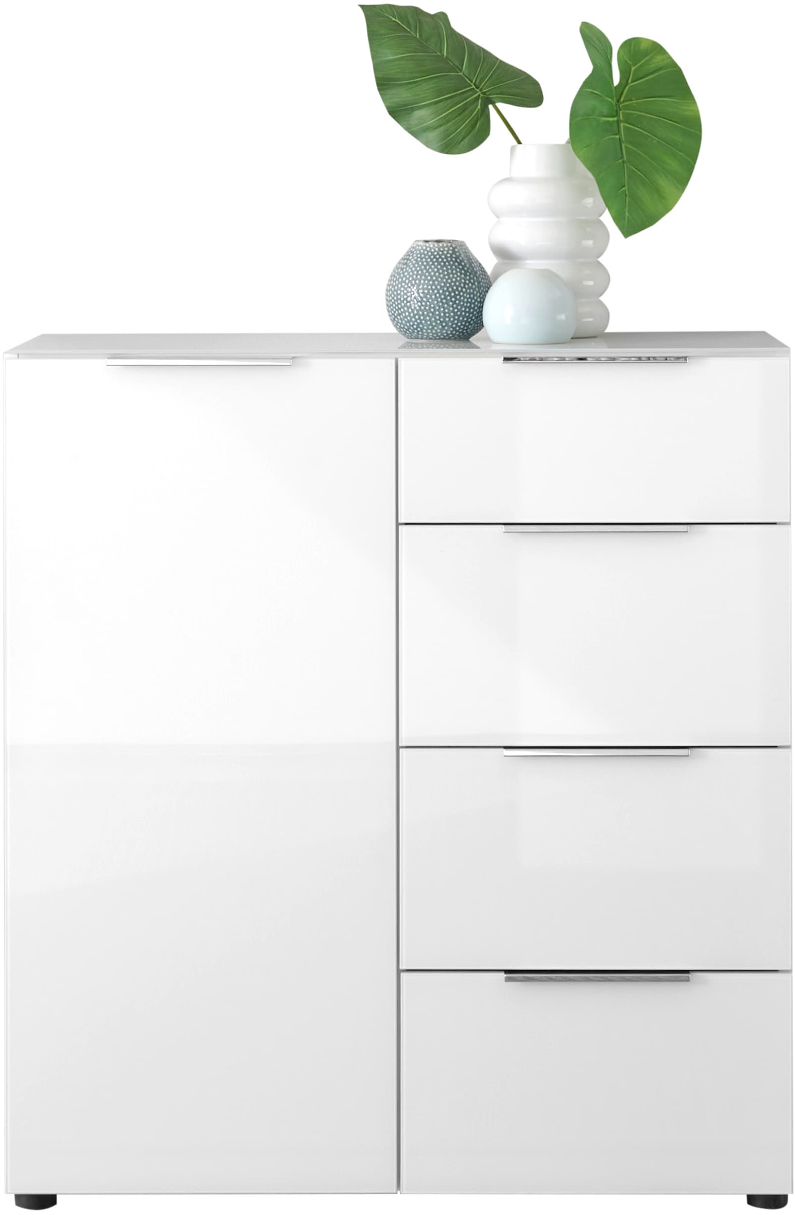 HBZ Sideboard »Santorin Mehrzweckschrank-Universalschrank, BxHxT 90x99x40 cm« 1 Stk. tlg. Mit 1 Tür und 4 Schubkästen mit Softclose, Glasfront und Glasoberboden
