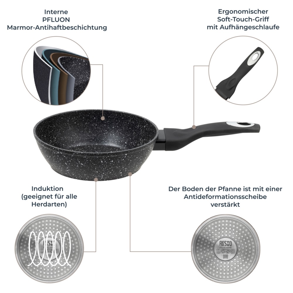 RESTO Kitchenware Bratpfanne »Antlia, tiefe Pfanne mit ergonomischem Soft-Touch-Griff« Aluminium 1 Stk. tlg. Marmor-Antihaftbeschichtung, 4-lagig, für alle Herdarten geeignet
