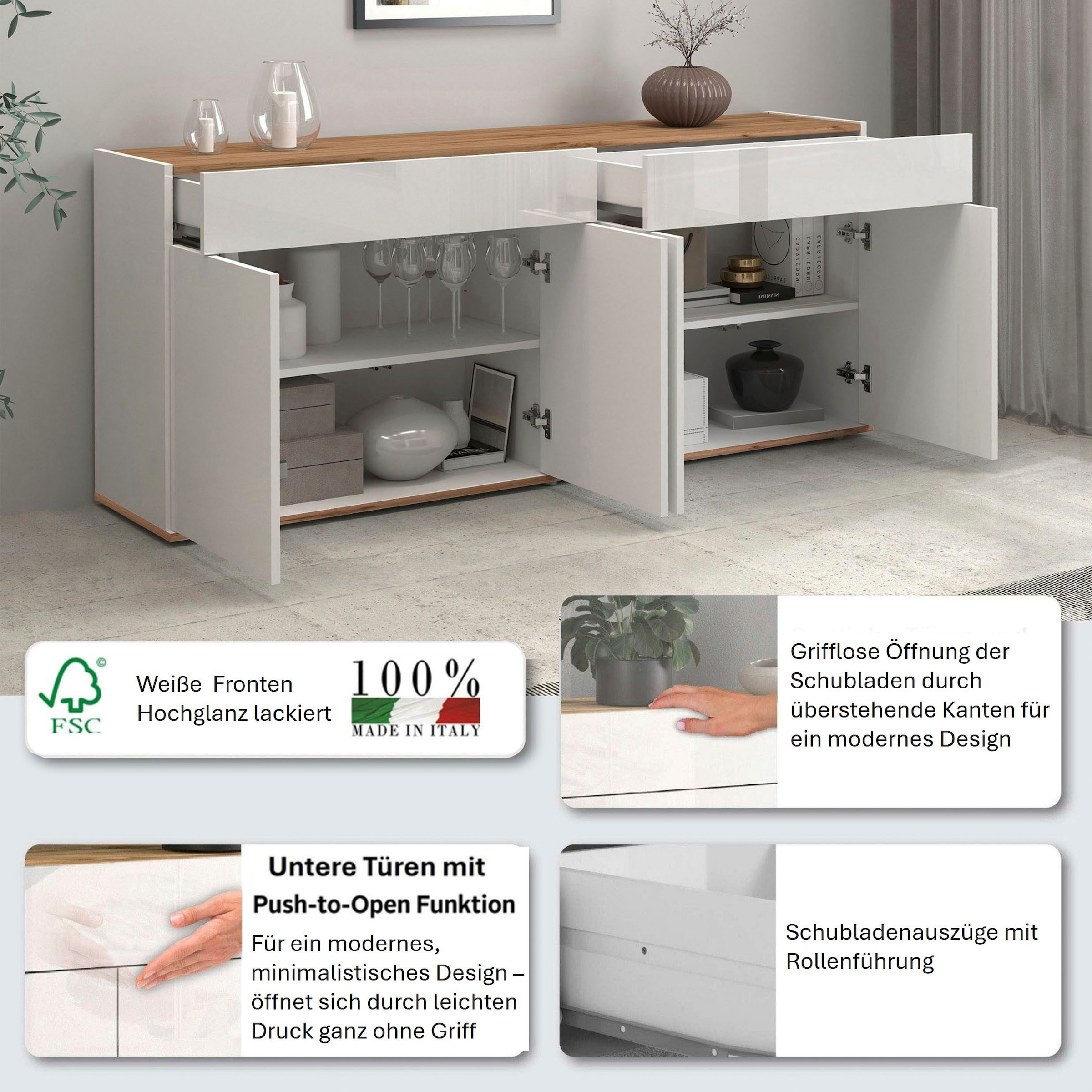 OTTO home Sideboard »Garda Kommode, Schrank, 4 Türen mit Push-to-Open, Made in Italy« Hochglanzlackierte Fronten,2 Schubladen, grifflos Breite 160,1 cm